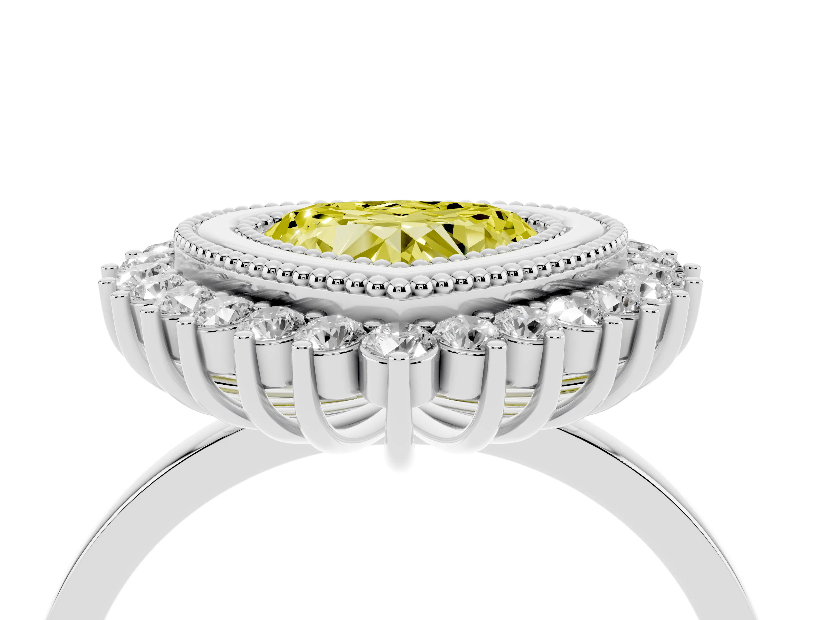 Fancy Yellow Heart Cut Diamond Halo Ring Set in White gold with Milgrain Edge and Round Prong Setting