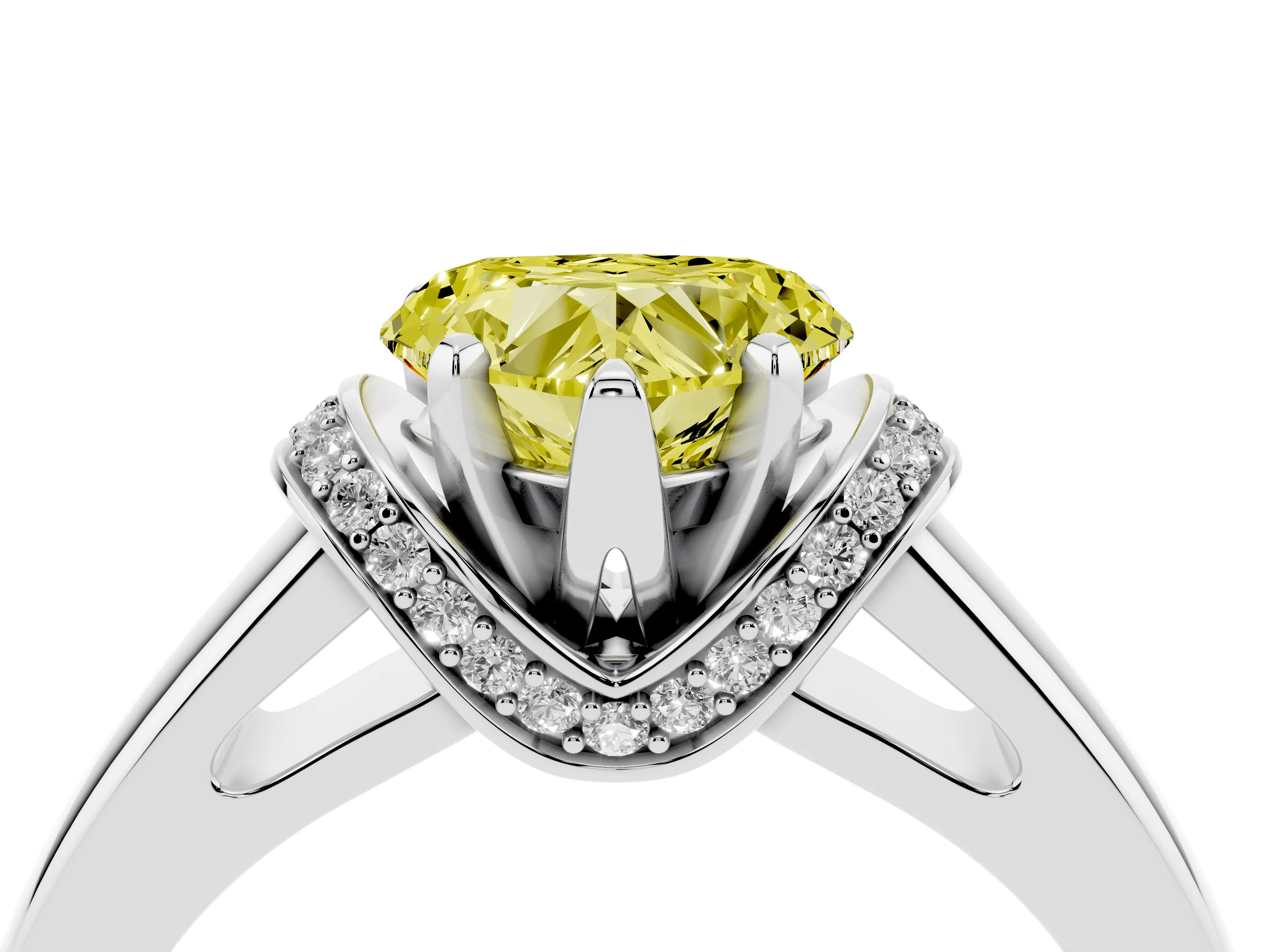 Fancy Yellow Heart Cut Diamond Pavé Band Solitaire Ring Set in Silver with Prong Setting