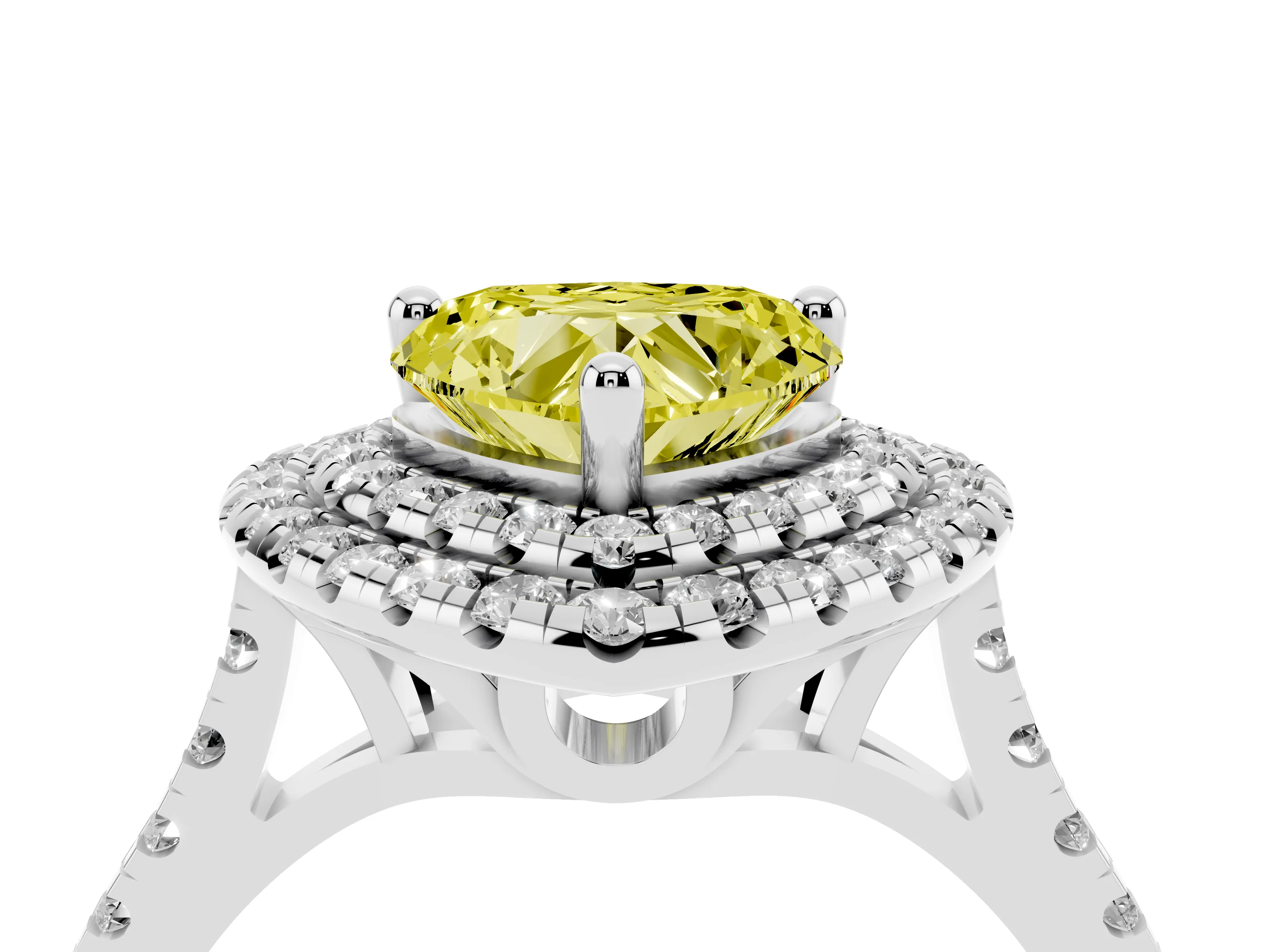 Fancy Yellow Heart Cut Diamond Double Halo Statement Ring Set in Silver with Pavé Band