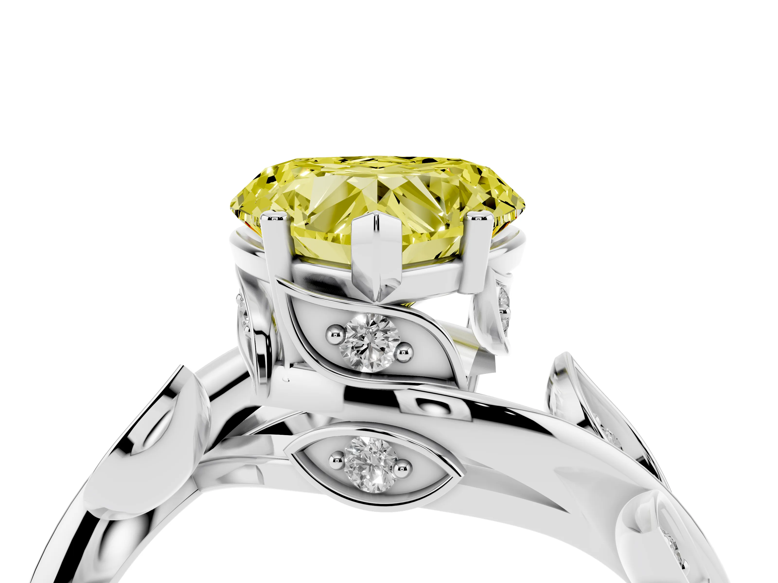 Fancy Yellow Heart Cut Diamond Solitaire Twist Engagement Ring Set in Silver with Pavé Leaf Accents