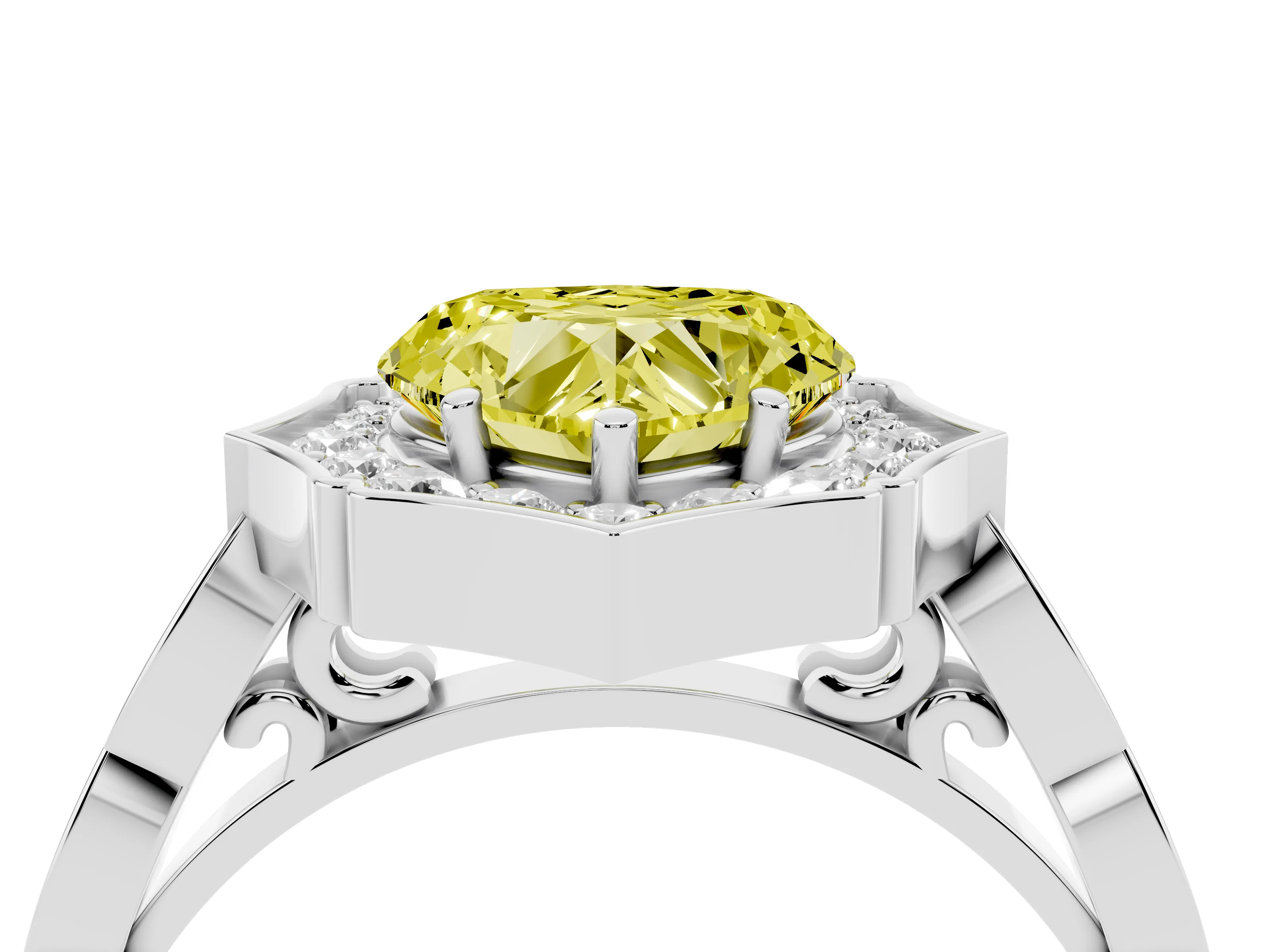 Fancy Yellow Heart Cut Diamond Halo Engagement Ring Set in White gold with Milgrain Band and Prong Setting