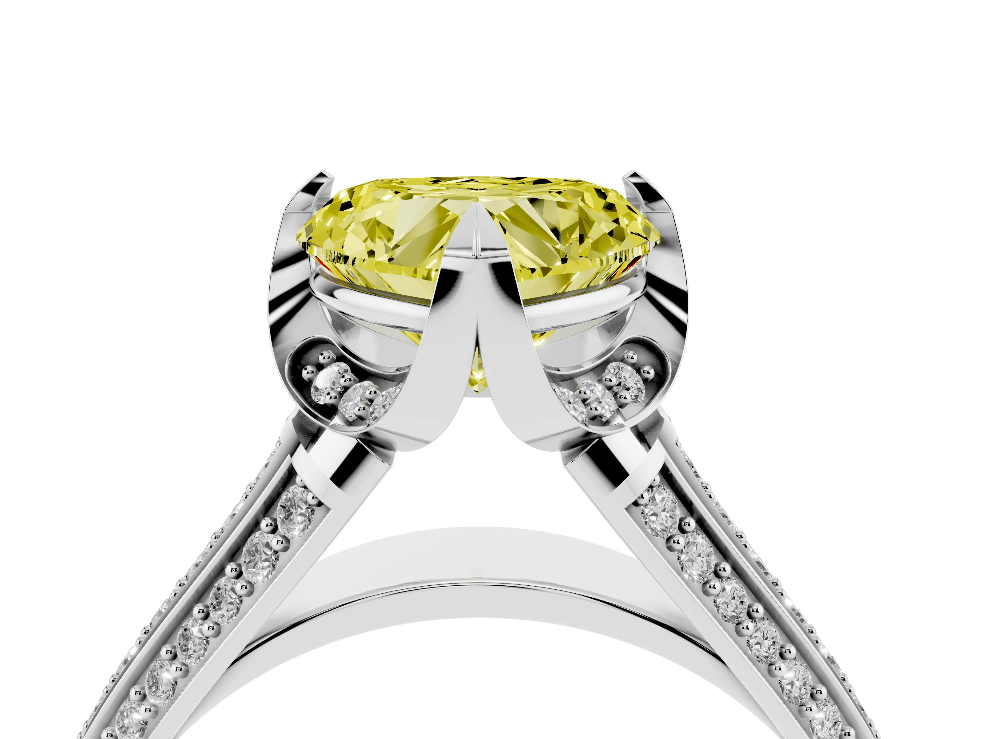 Fancy Yellow Heart Cut Diamond Pavé Split Shank Solitaire Ring Set in Silver with Prong Setting