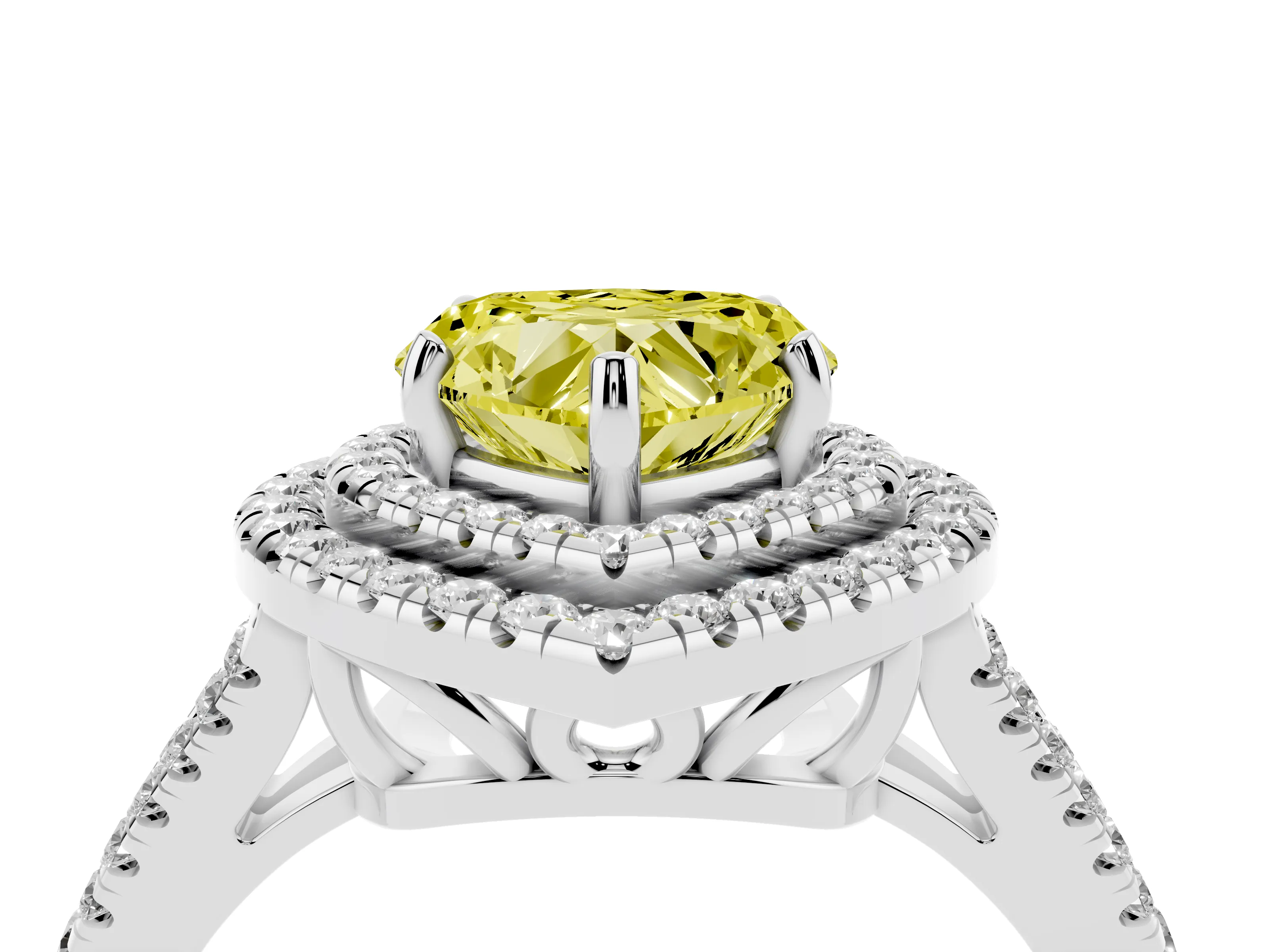 Fancy Yellow Heart Cut Diamond Double Halo Ring Set in Platinum with Pavé Band