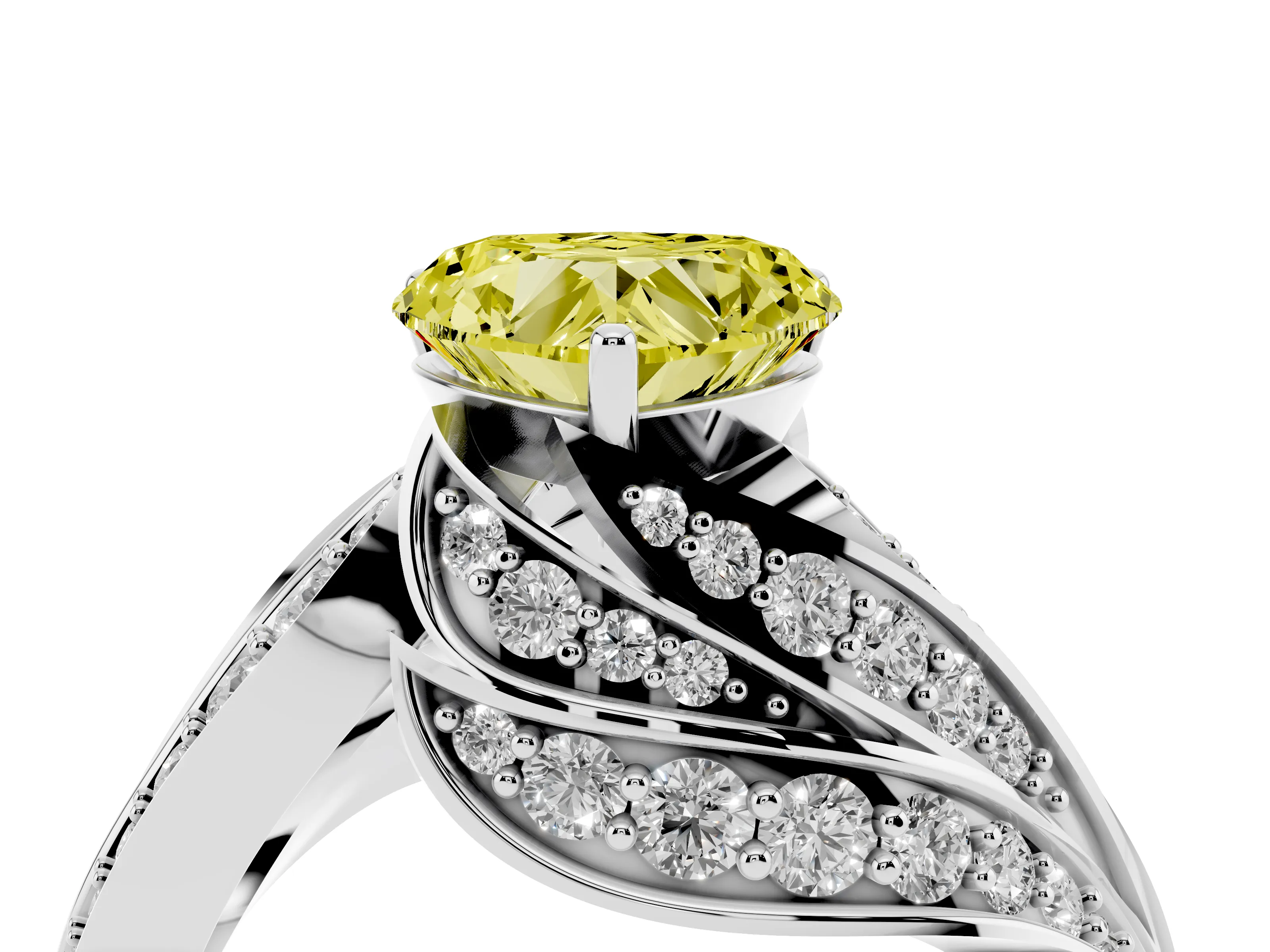 Fancy Yellow Heart Cut Diamond Solitaire Ring Set in Platinum with Layered Twist Pavé Band