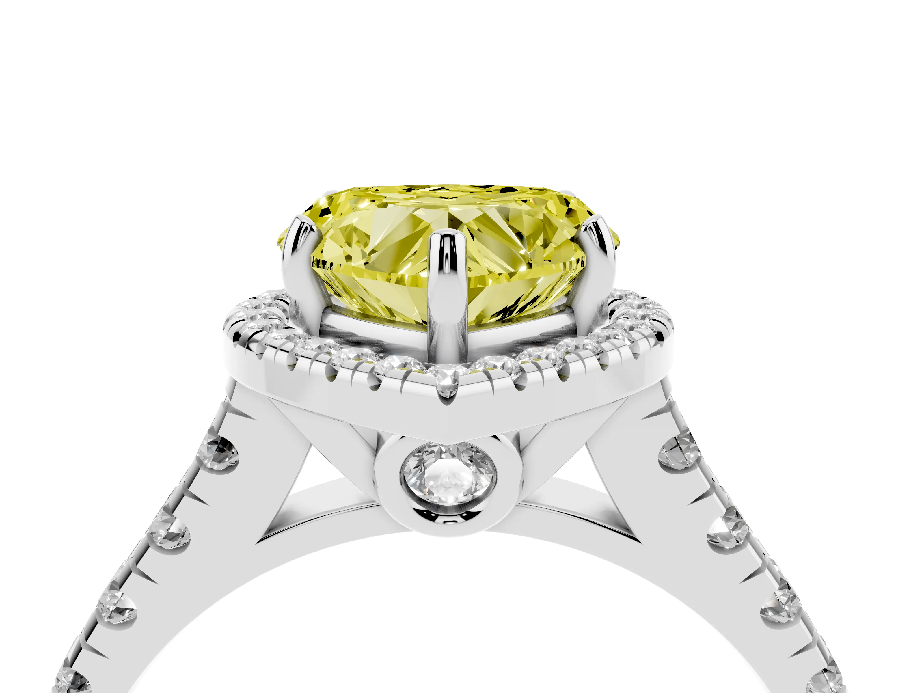 Fancy Yellow Heart Cut Diamond Halo Engagement Ring Set in Platinum with Pavé Band and Prong-Set Center