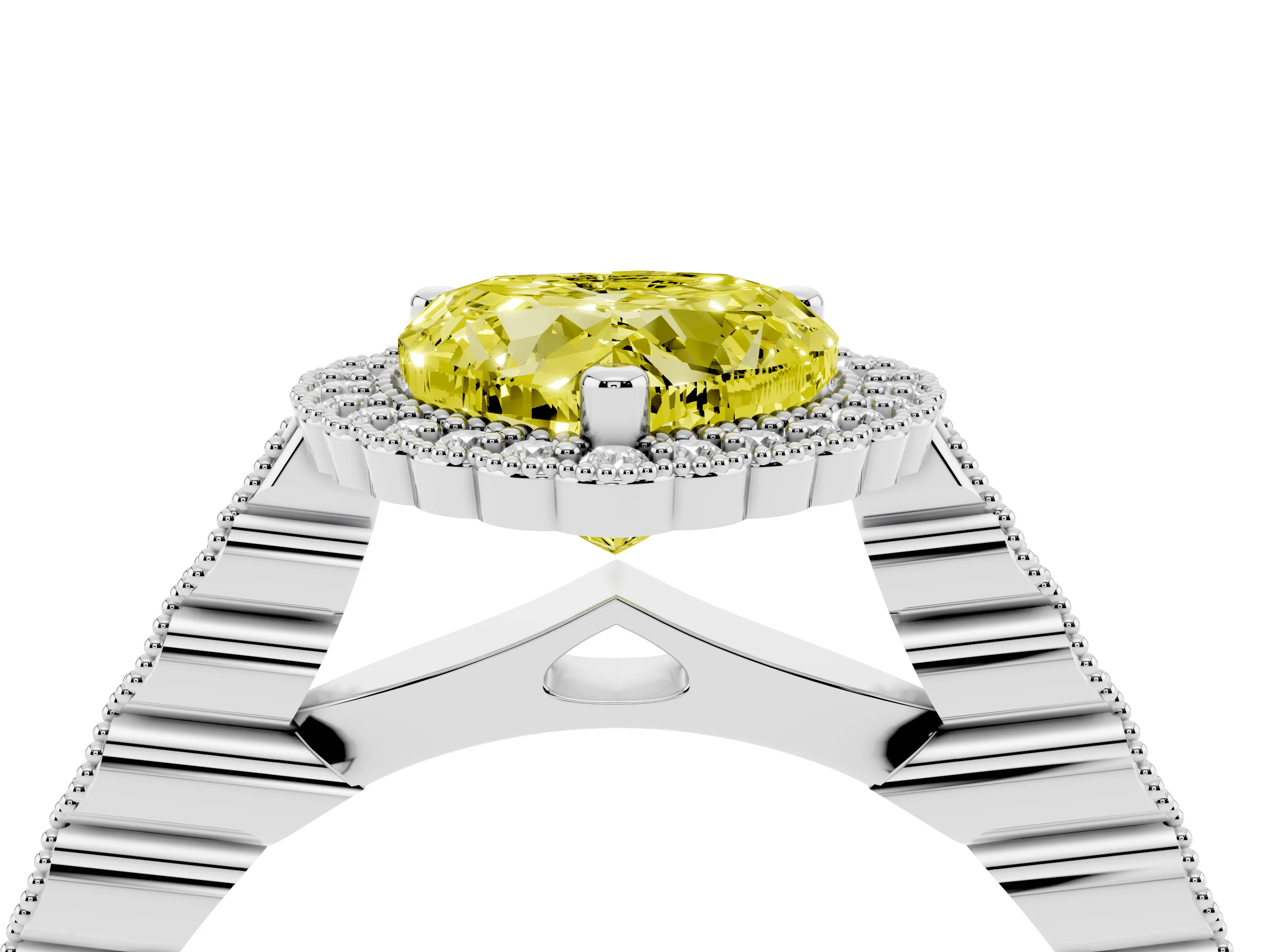 Fancy Yellow Heart Cut Diamond Halo Ring Set in Platinum with Pavé Milgrain Band