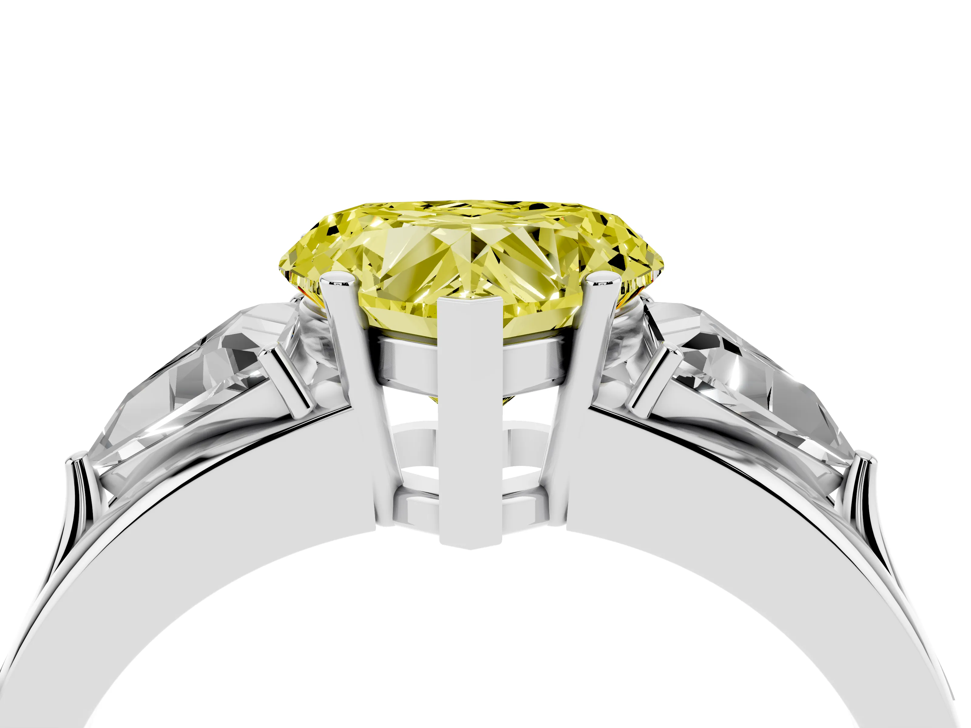 Fancy Yellow Heart Cut Diamond Three-Stone Ring Set in Platinum with Trillion Side Stones and Split Shank