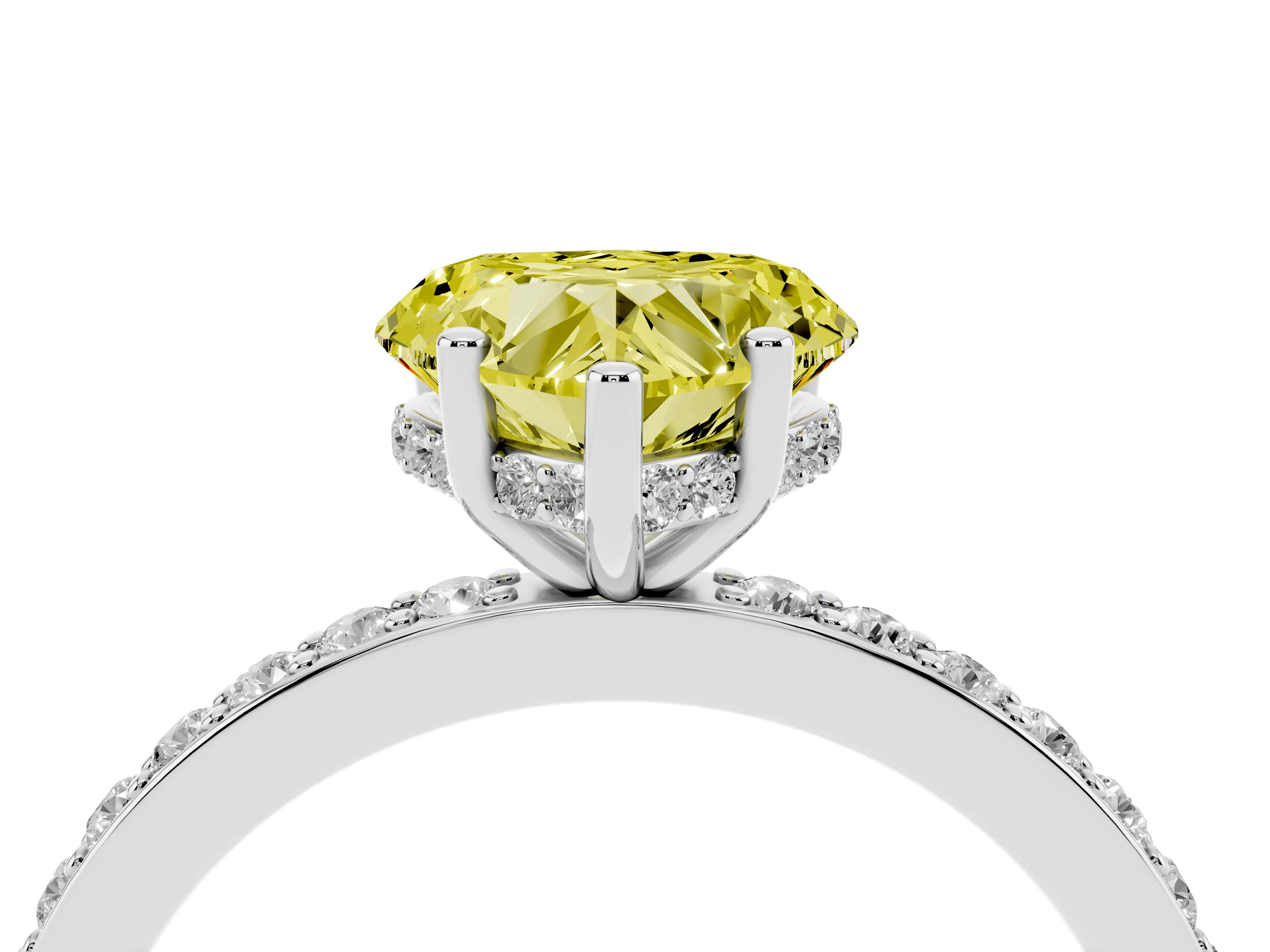 Fancy Yellow Heart Cut Diamond Pavé Band Ring Set in White gold with Prong-Set Center Stone