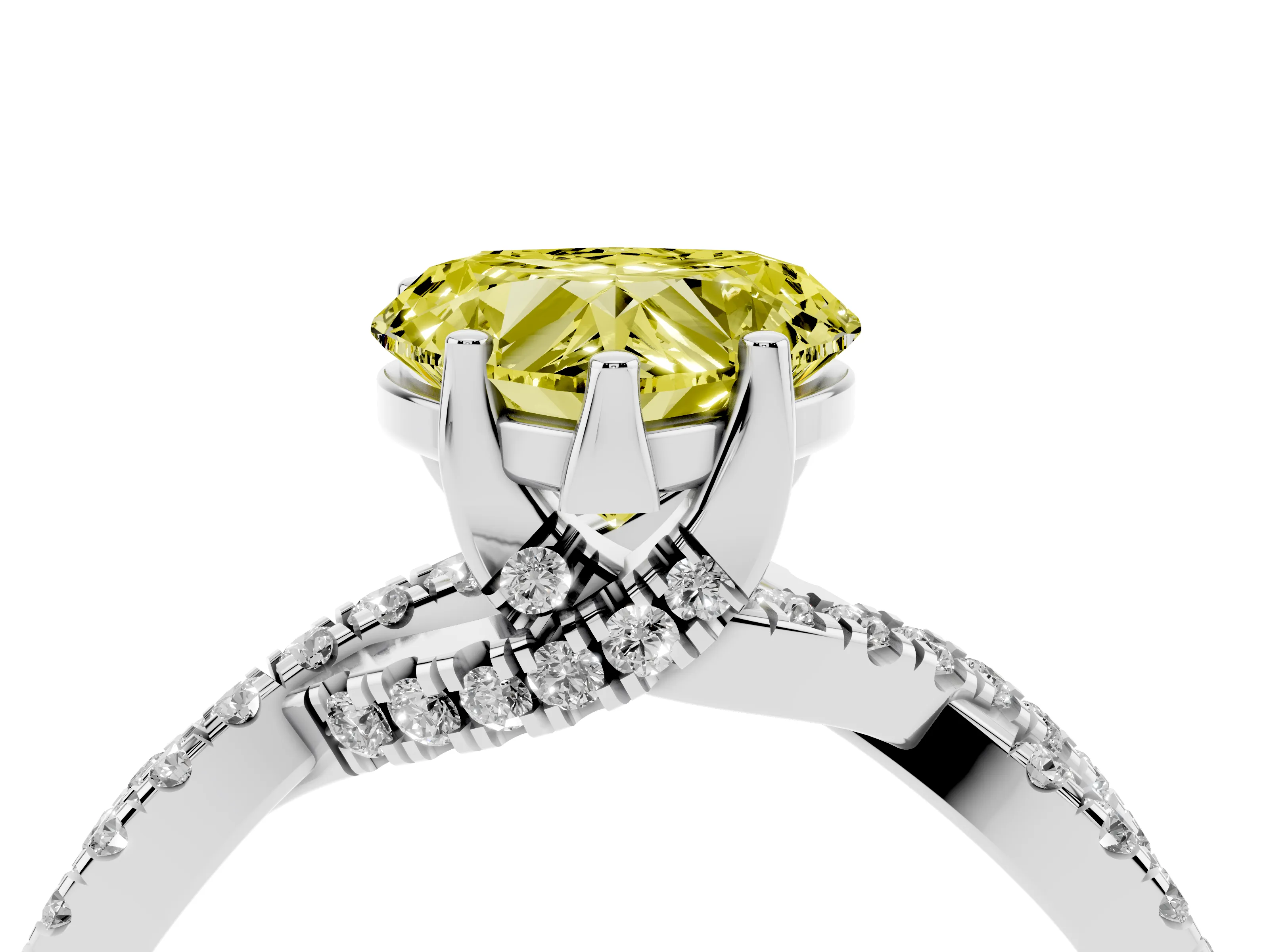 Fancy Yellow Heart Cut Diamond Twist Pavé Solitaire Engagement Ring Set in Platinum with Prong Setting