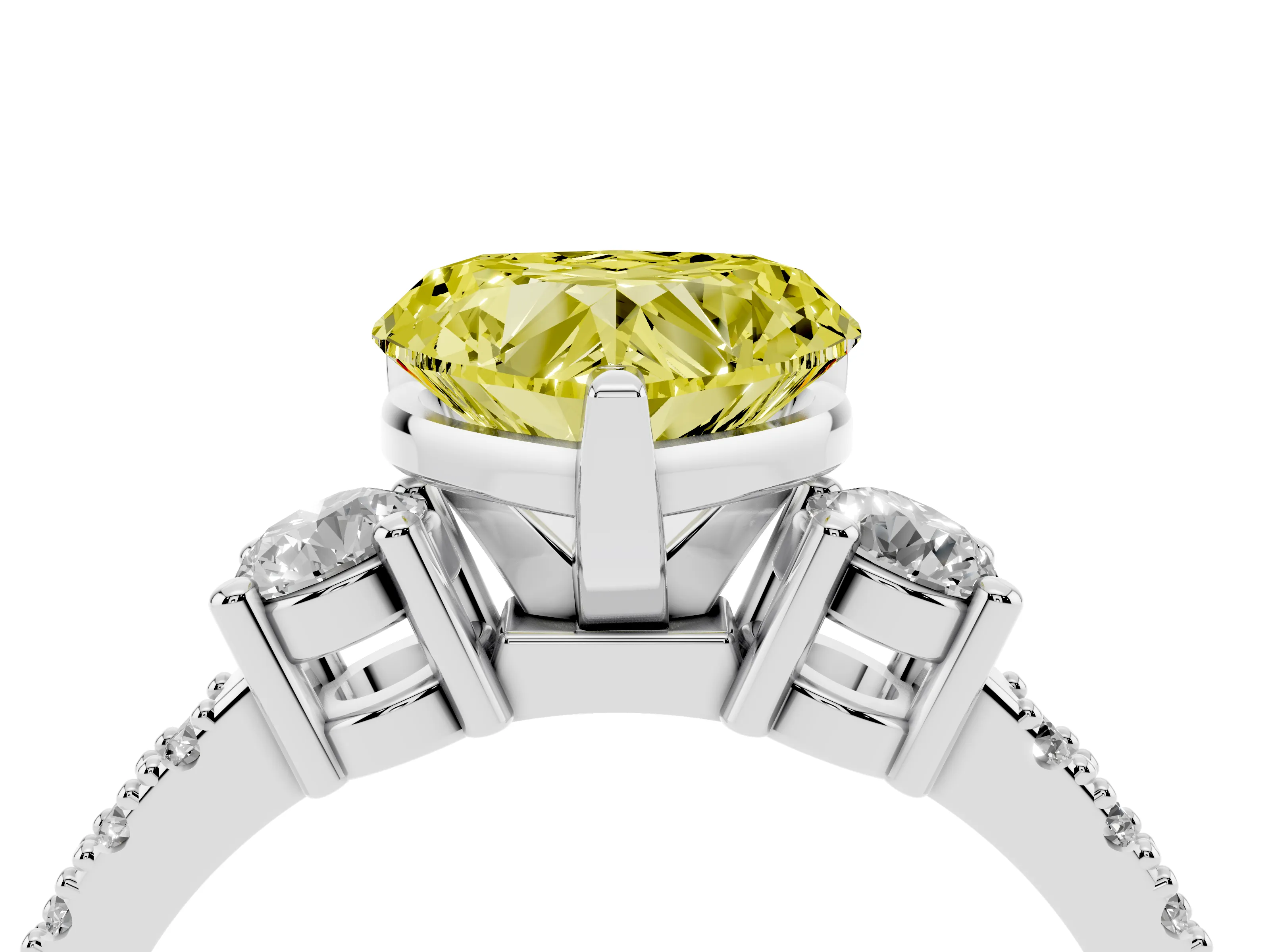 Fancy Yellow Three-Stone Heart Cut Diamond Pavé Band Ring Set in White gold with Prong Setting