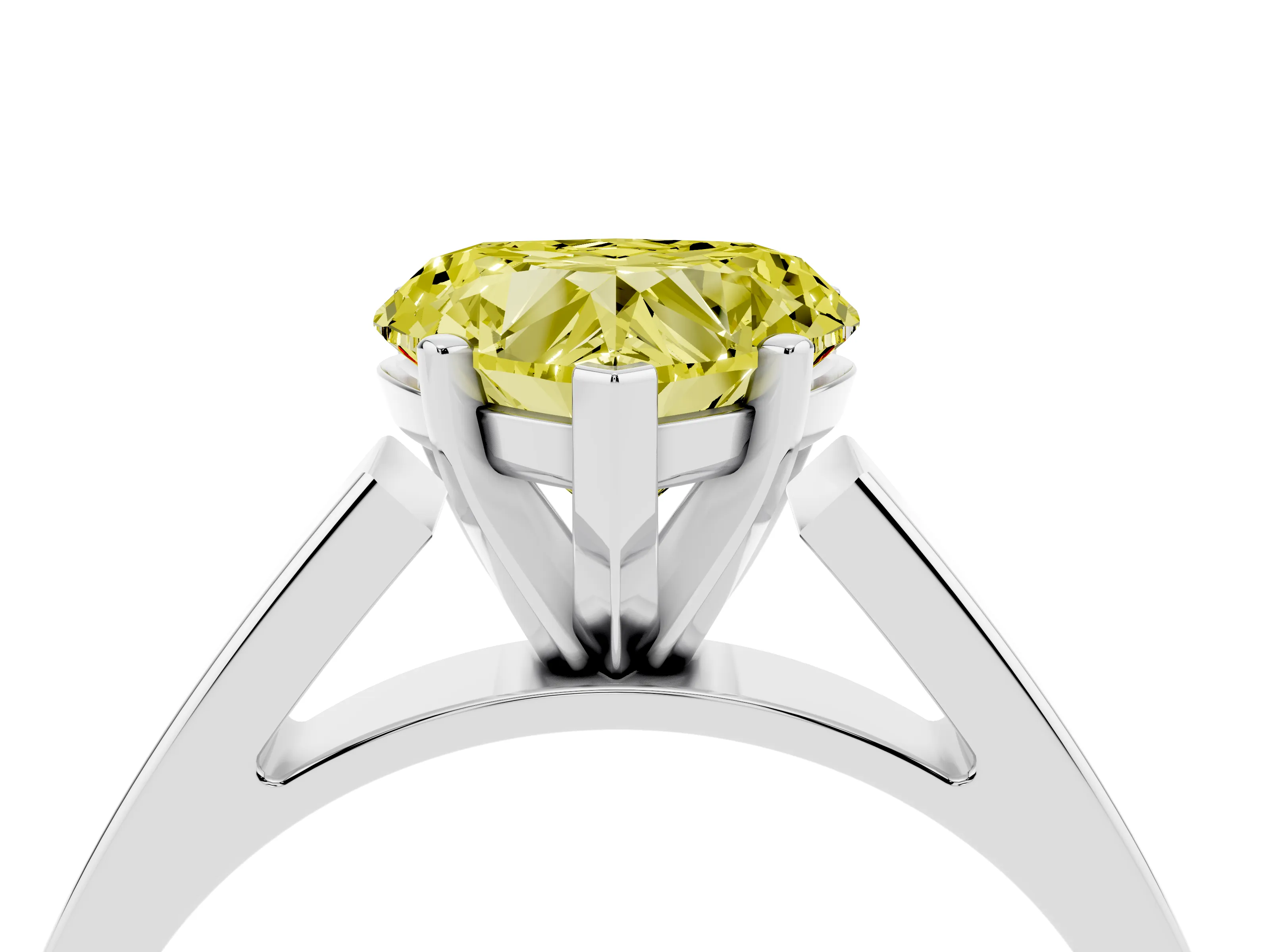Fancy Yellow Heart Cut Diamond Solitaire Engagement Ring Set in White gold with Prong Setting and Tapered Band