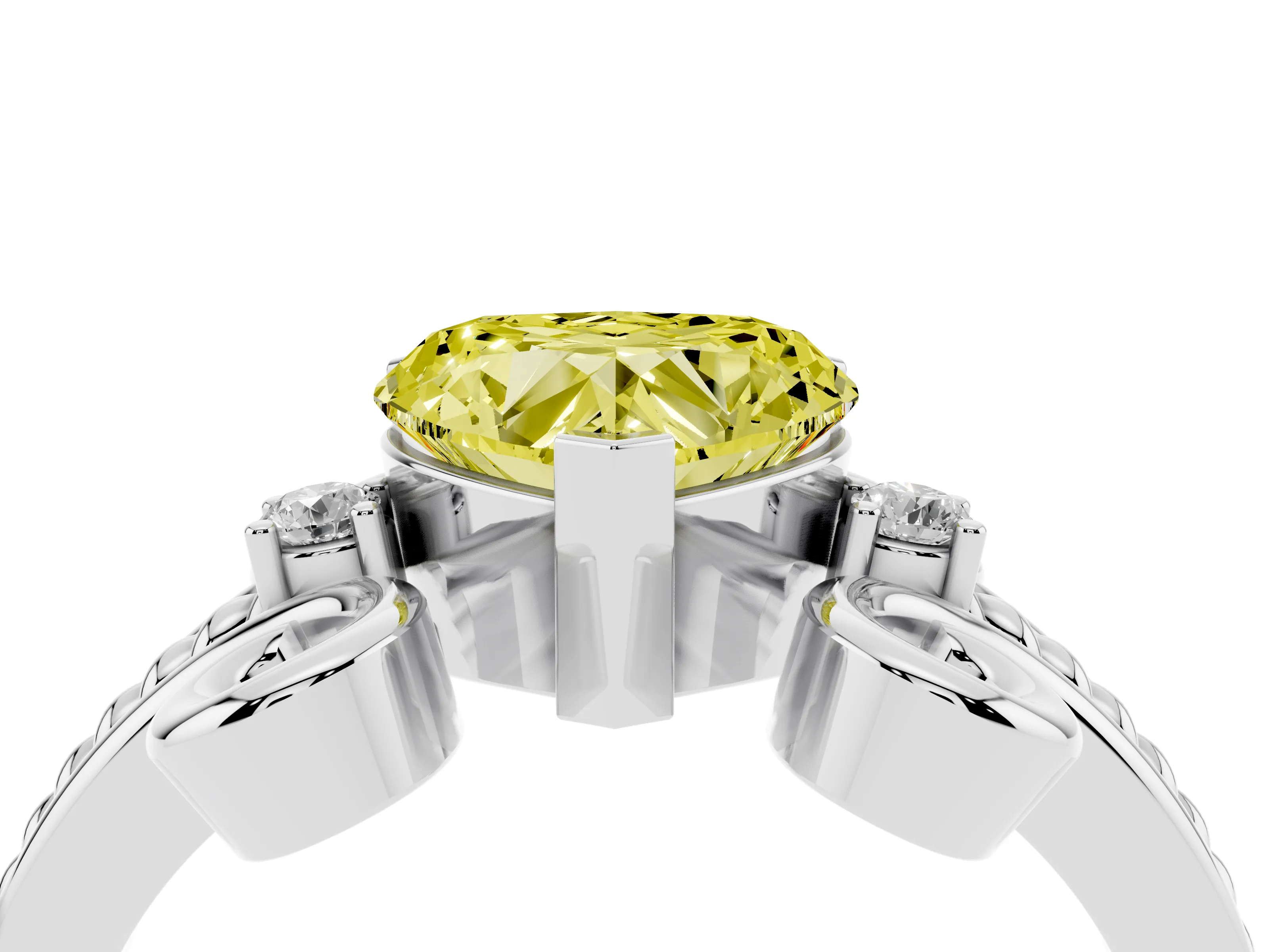 Fancy Yellow Heart Cut Diamond Twisted Band Solitaire Ring Set in Platinum with Scroll Prongs
