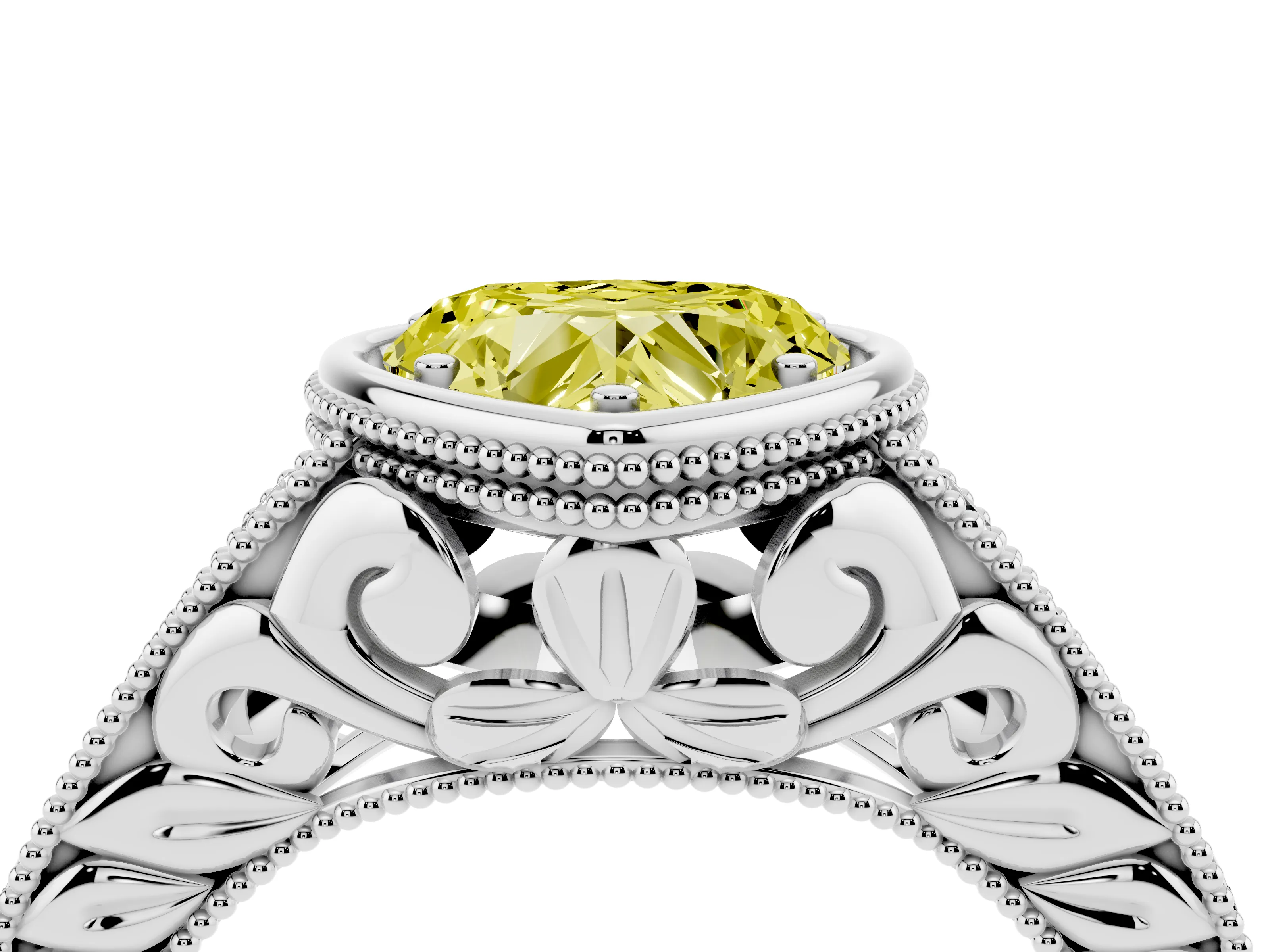 Fancy Yellow Bezel Set Heart Cut Diamond Milgrain Pavé Engagement Ring Set in Silver