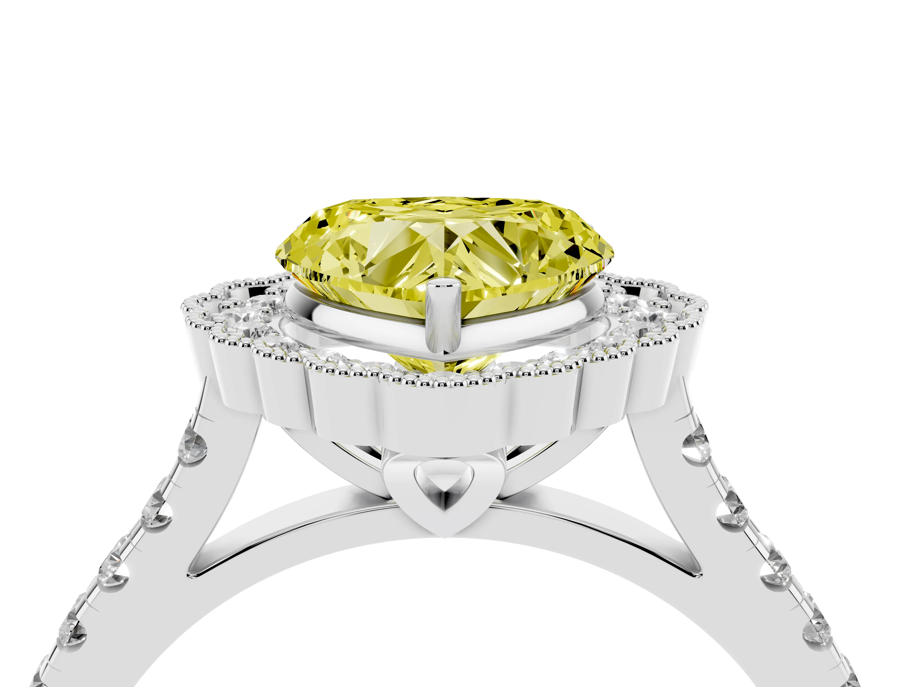 Fancy Yellow Heart Cut Diamond Milgrain Floral Halo Engagement Ring Set in White gold with Pavé Band