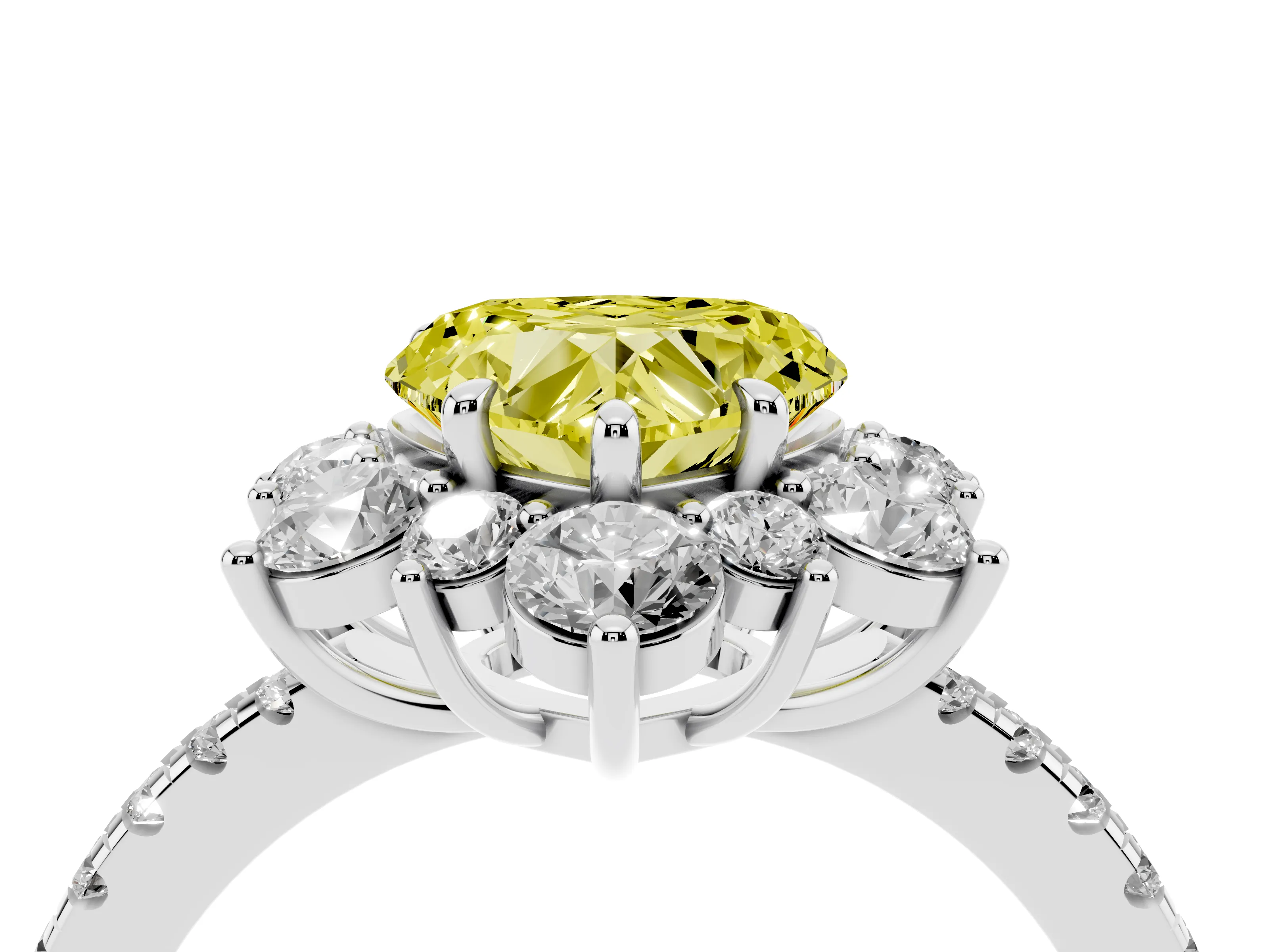 Fancy Yellow Heart Cut Diamond Floral Halo Ring Set in White gold with Round Pavé Band and Prong Setting