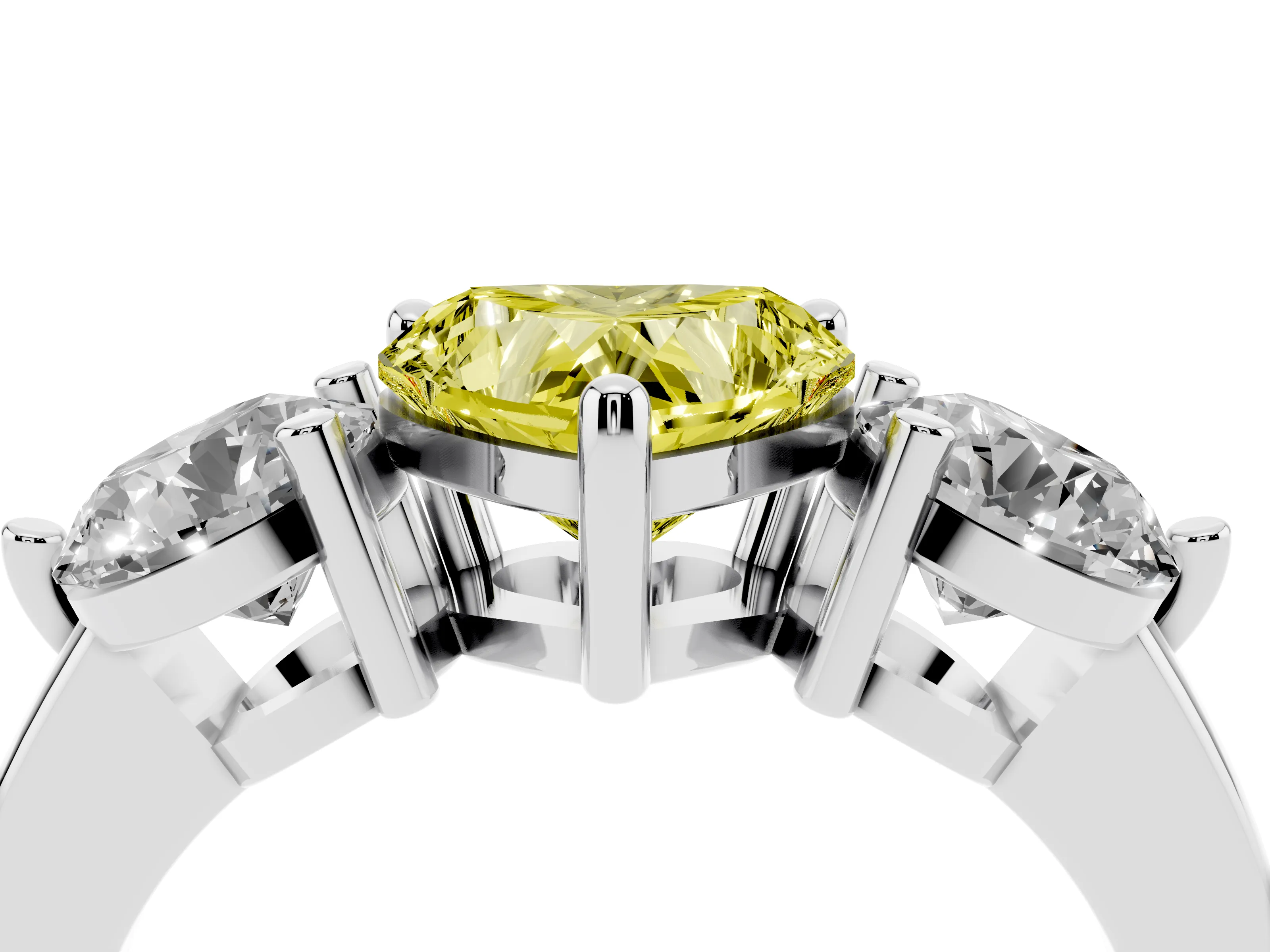 Fancy Yellow Heart Cut Diamond Three-Stone Ring Set in Platinum with Prong Setting and Classic Band