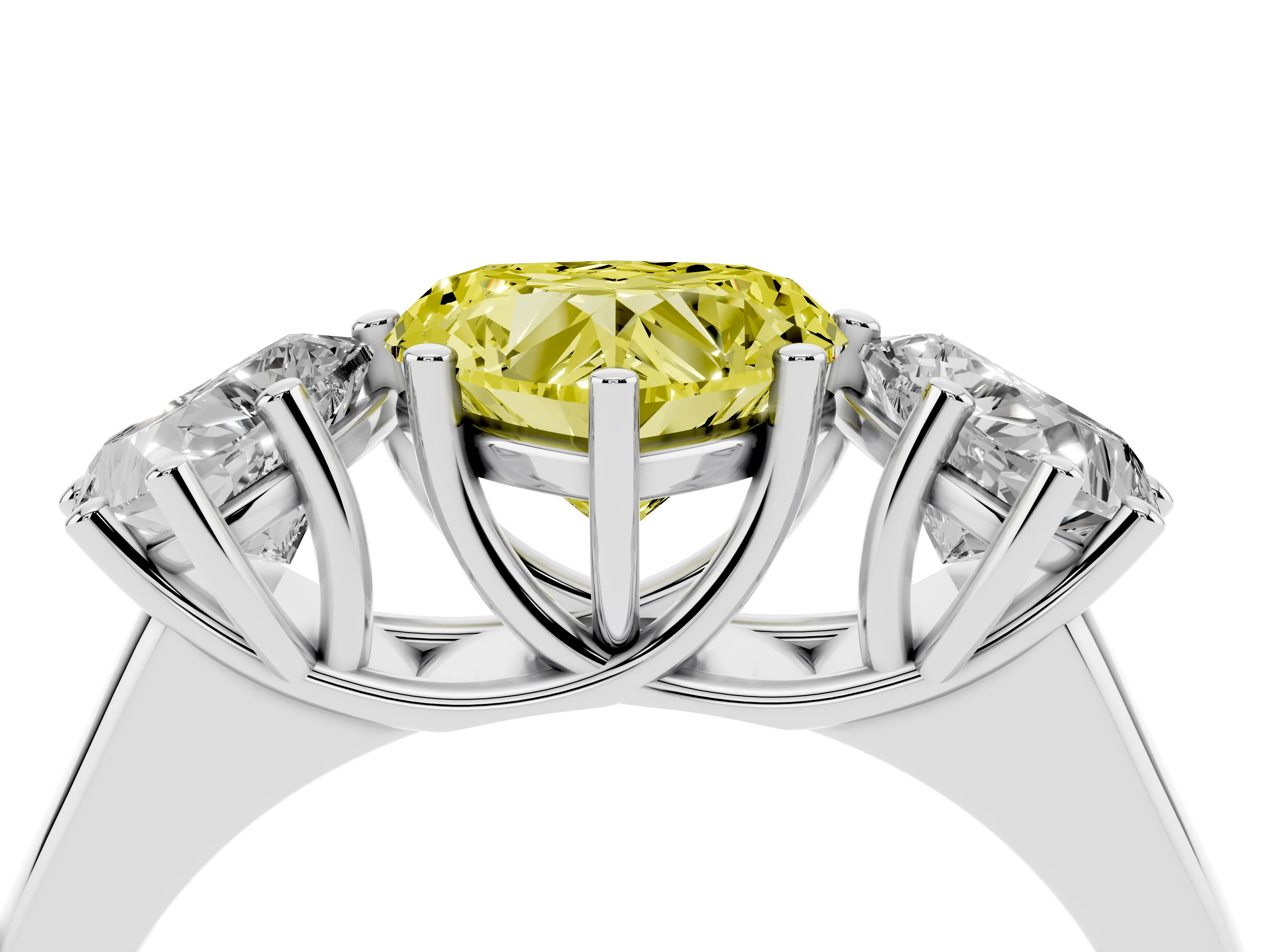Fancy Yellow Heart Cut Diamond Three-Stone Ring Set in Silver with Plain Polished Band