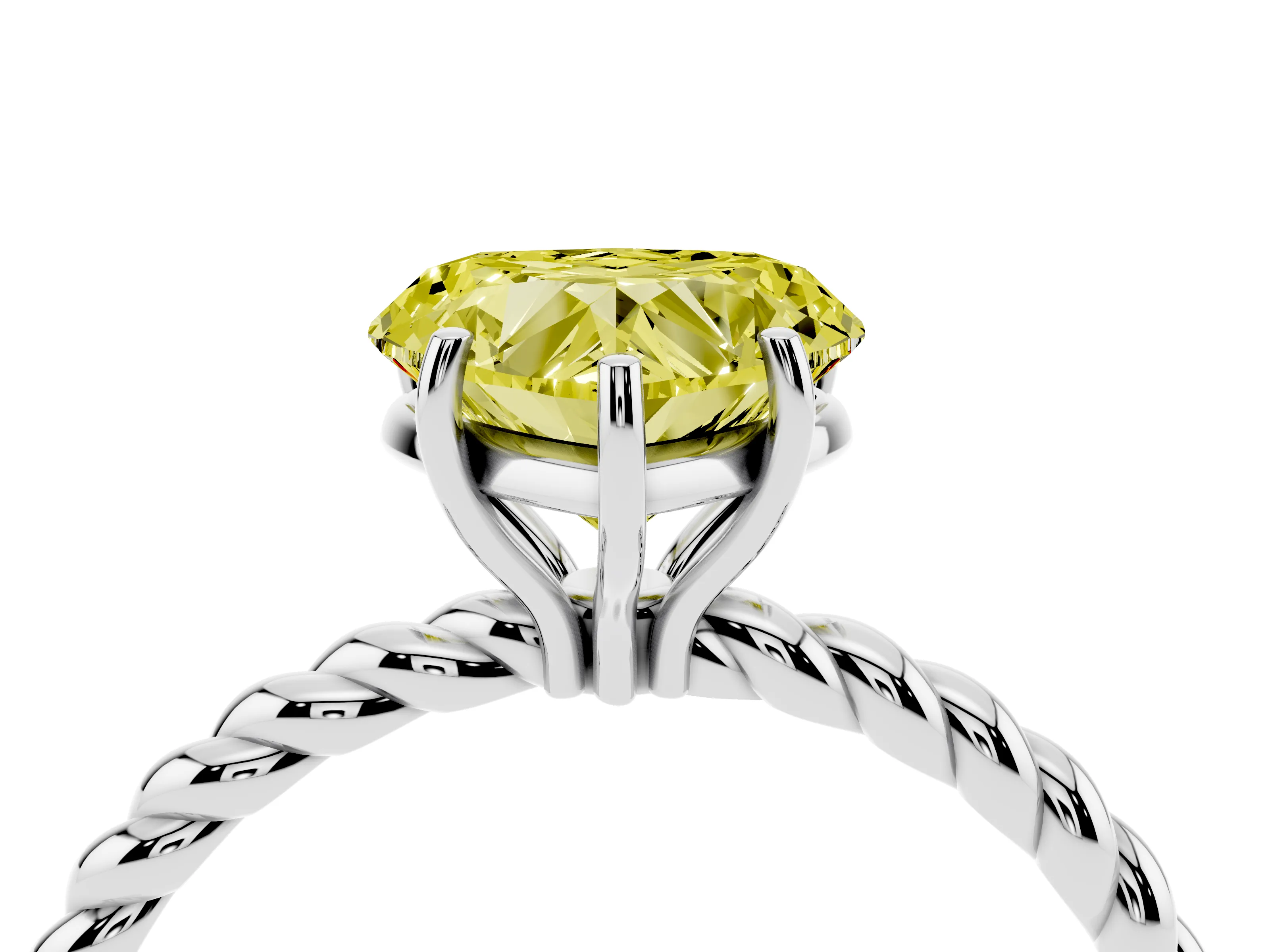 Fancy Yellow Heart Cut Diamond Solitaire Ring Set in White gold with Twist Band and Prong Setting