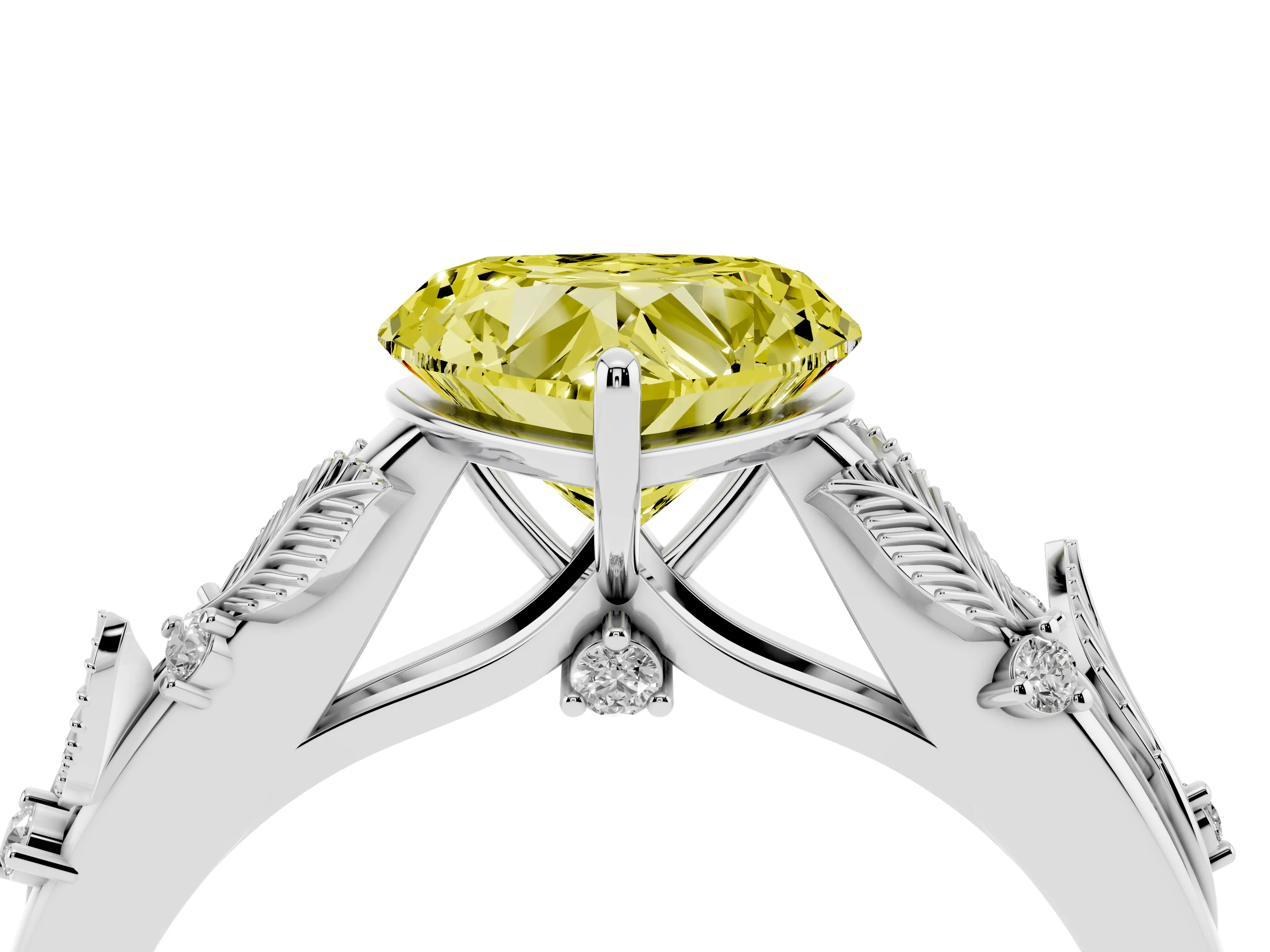 Fancy Yellow Heart Cut Diamond Solitaire Ring Set in White gold with Leaf Motif Band