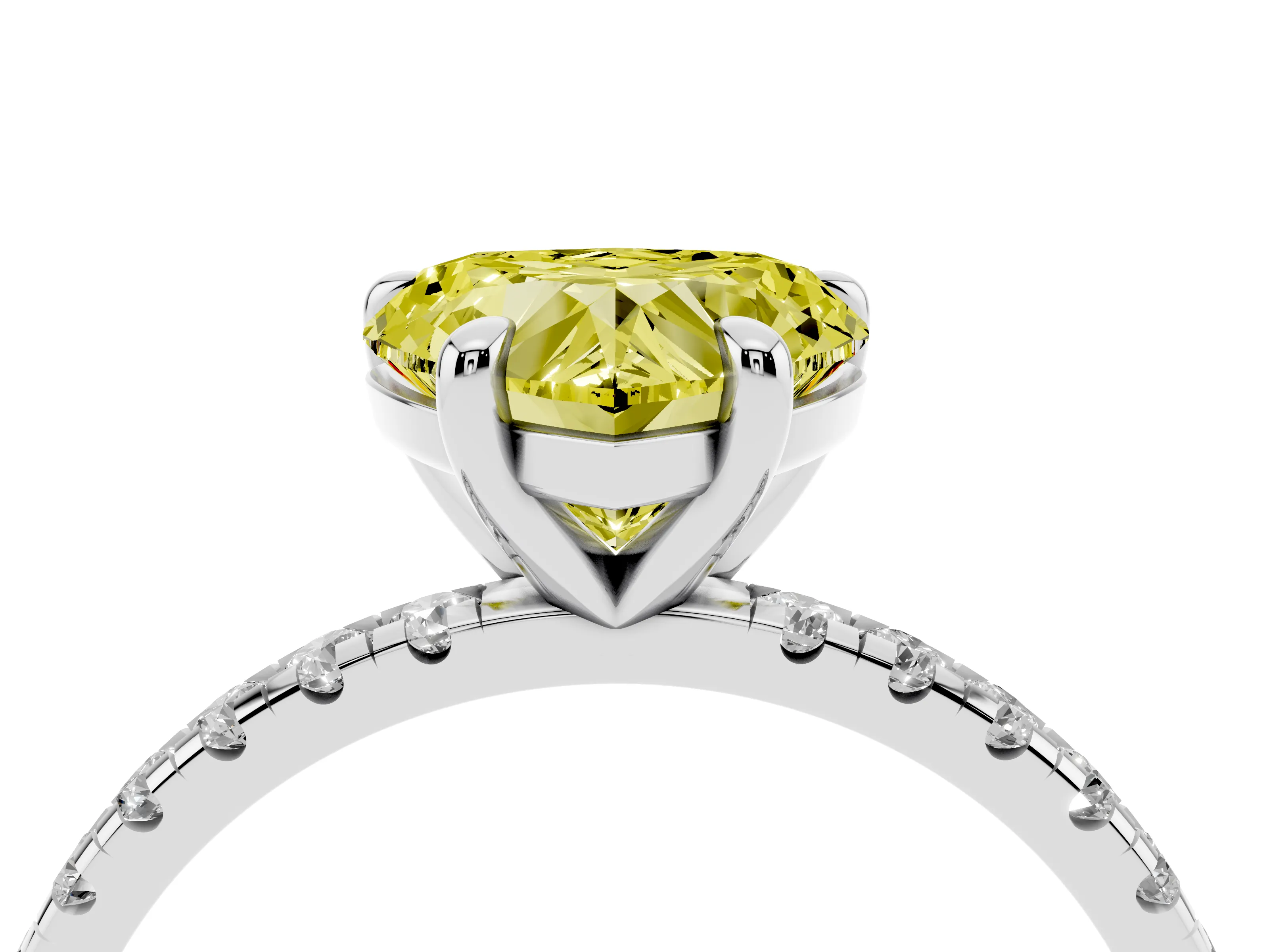 Fancy Yellow Heart Cut Diamond Brilliant Solitaire Ring Set in Platinum with Pavé Band and Prong Setting