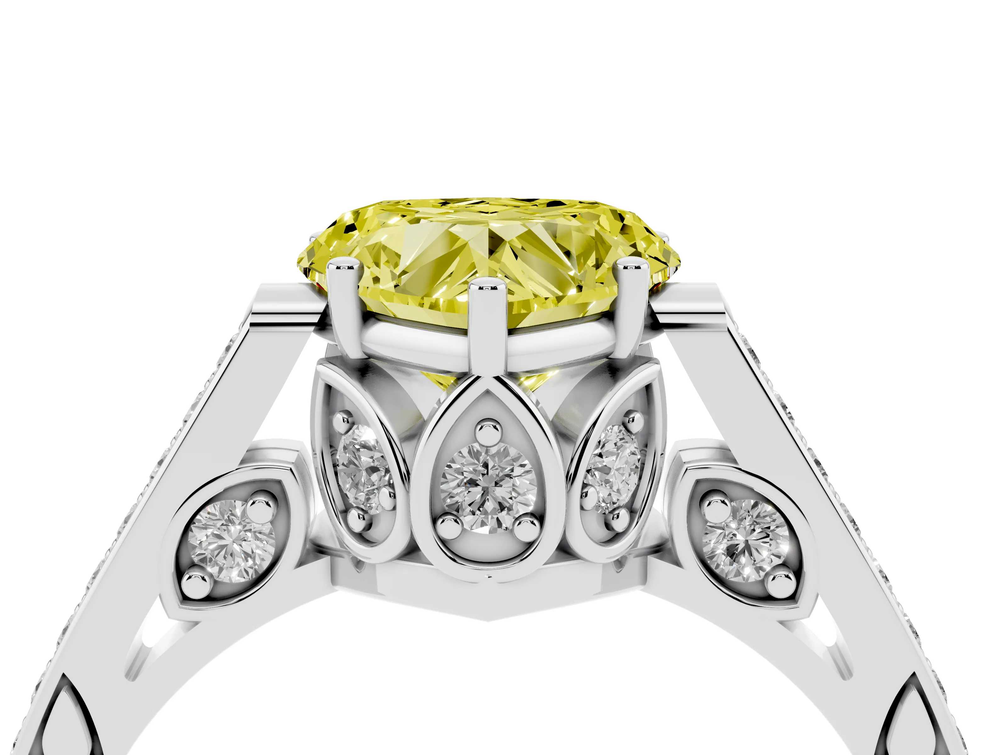 Fancy Yellow Heart Cut Diamond Cathedral Pavé Engagement Ring Set in Platinum with Prong Setting