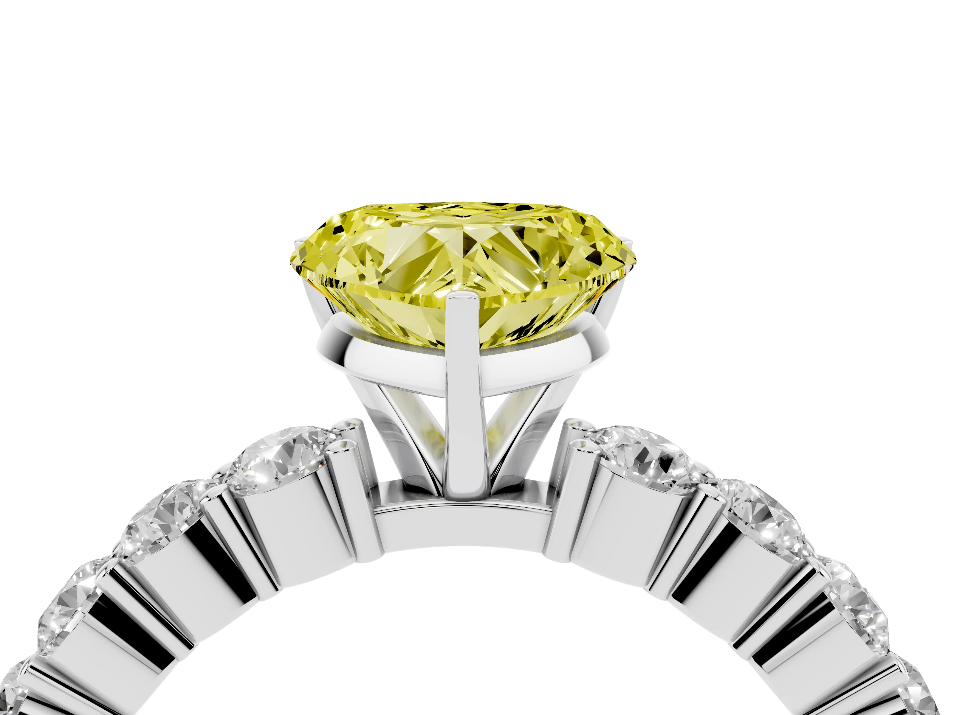 Fancy Yellow Heart Cut Diamond Solitaire Ring Set in White gold with Shared Prong Round Side Stones