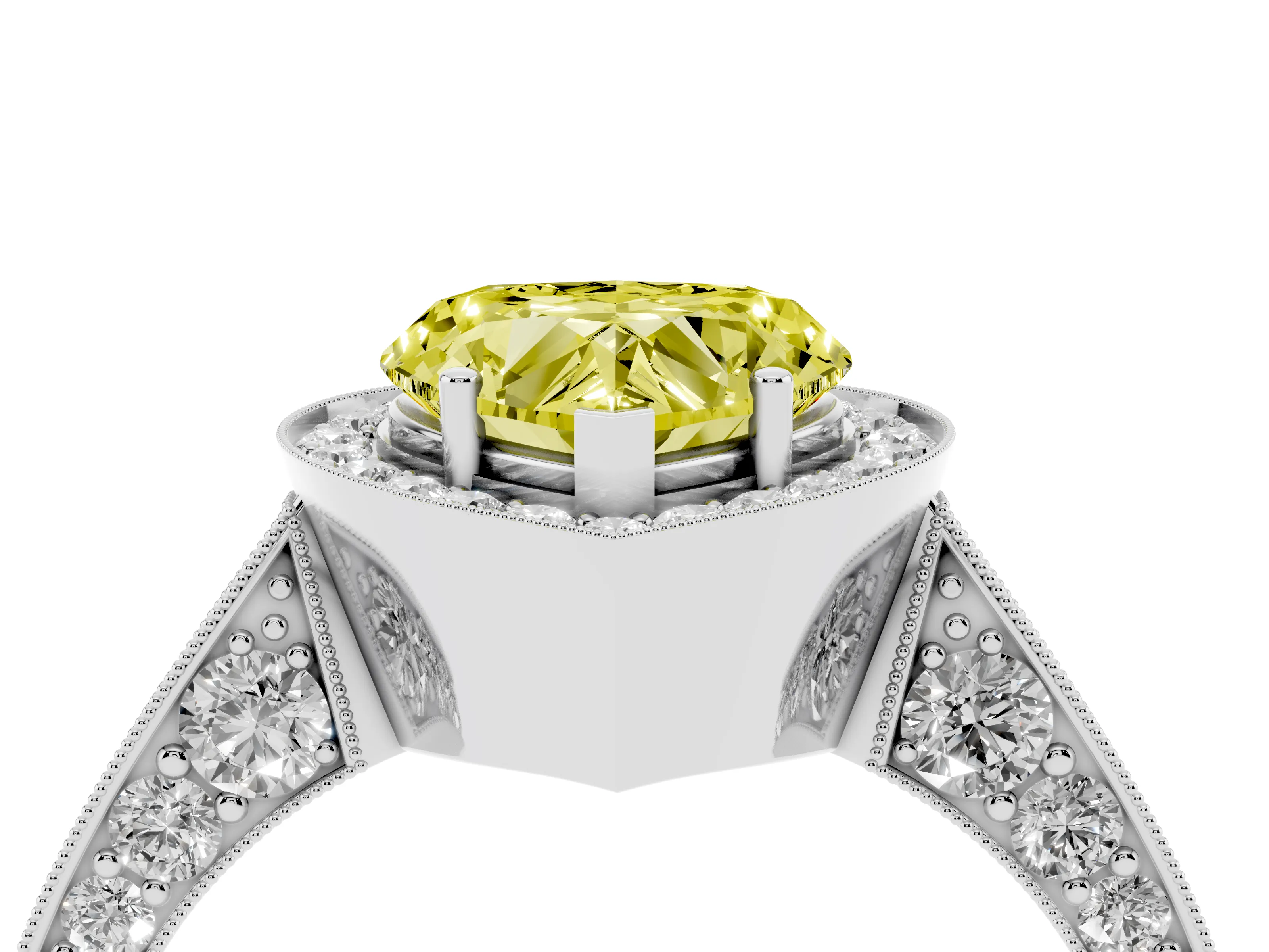 Fancy Yellow Heart Cut Diamond Halo Engagement Ring Set in White gold with Accent Split Shank Band
