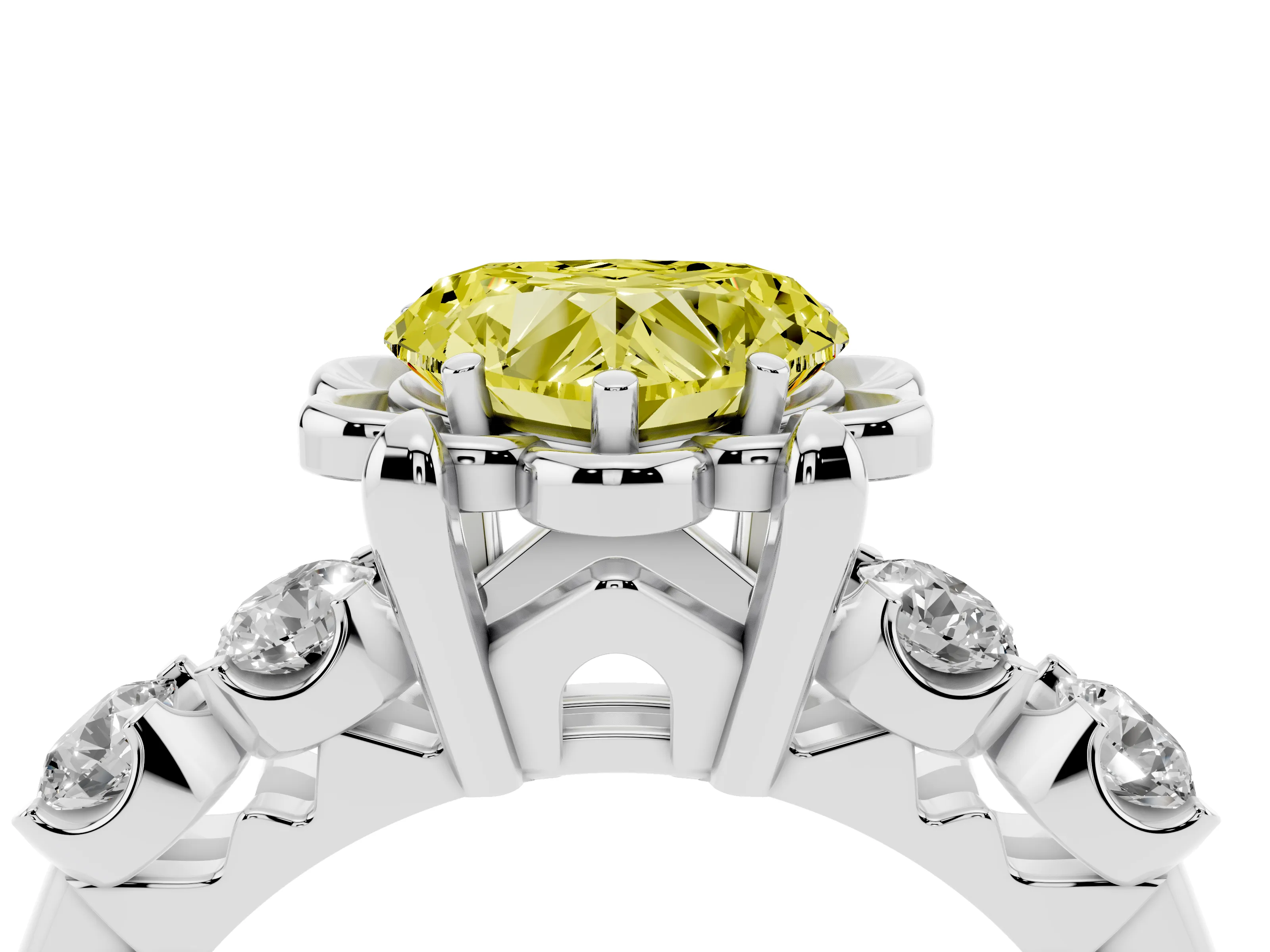 Fancy Yellow Heart Cut Diamond Floral Halo Ring Set in Platinum with Shared Prong Band
