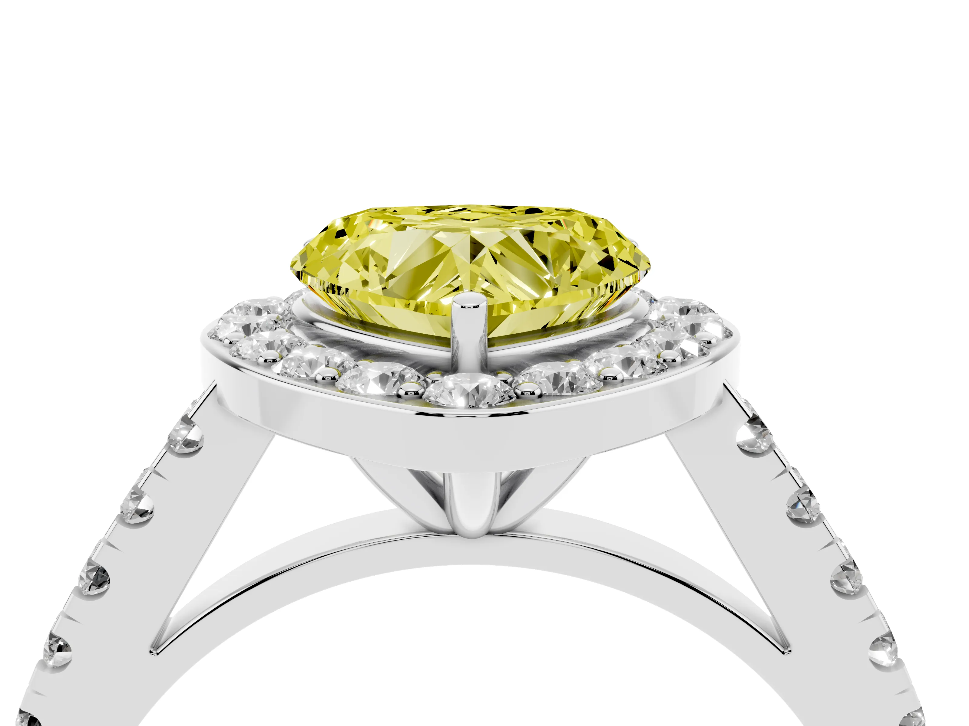 Fancy Yellow Heart Cut Diamond Halo Ring Set in Platinum with Round Pavé Split Shank and Prong Setting
