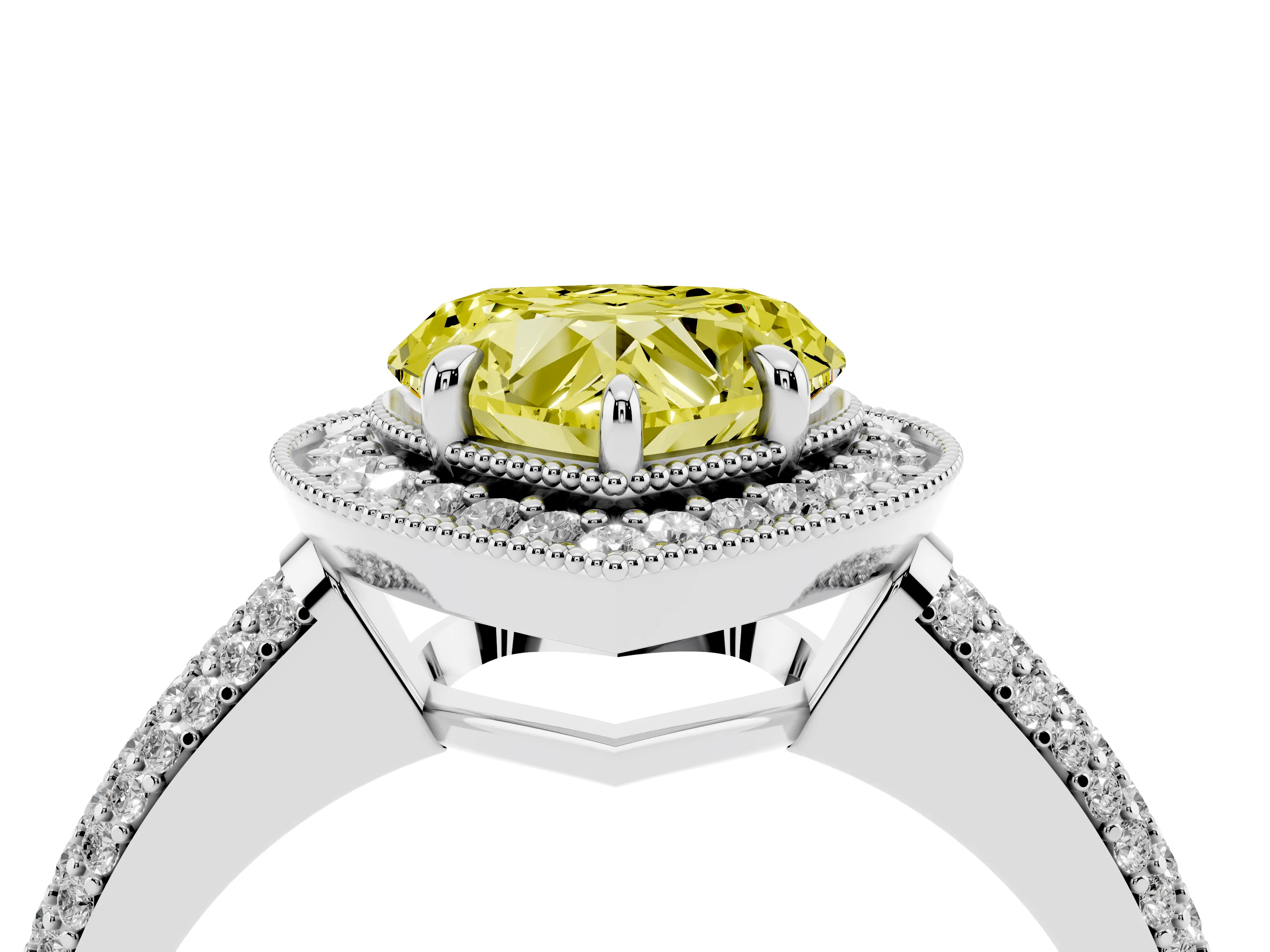 Fancy Yellow Heart Cut Diamond Halo Pavé Band Set in Silver with Prong Setting