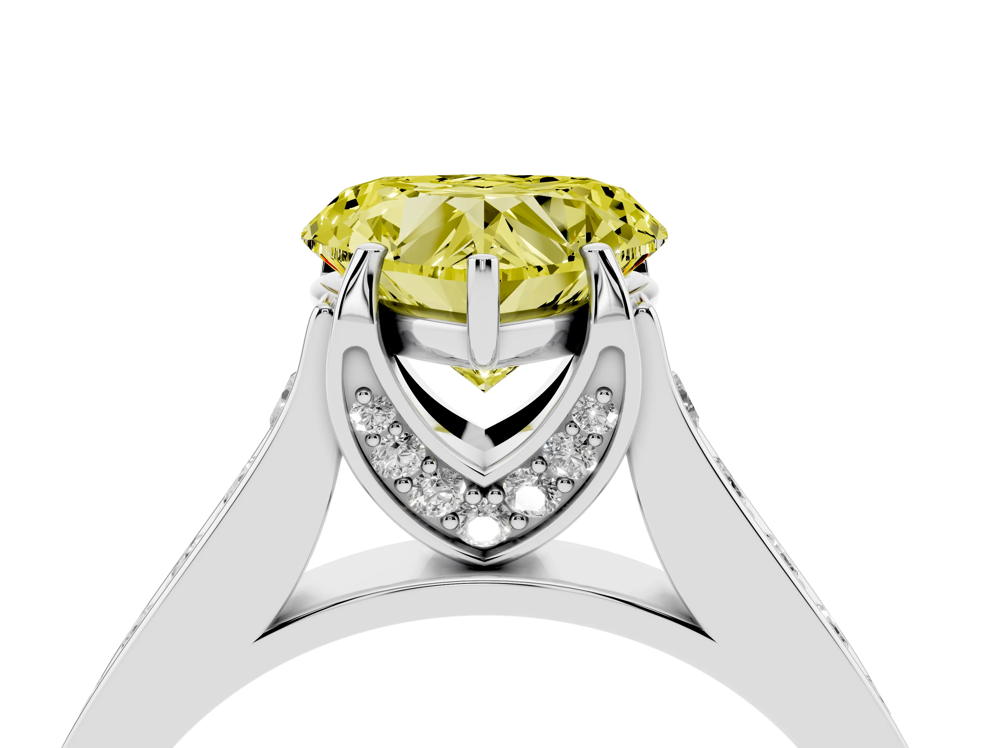 Fancy Yellow Heart Cut Diamond Solitaire Pavé Engagement Ring Set in Platinum with Prong Setting
