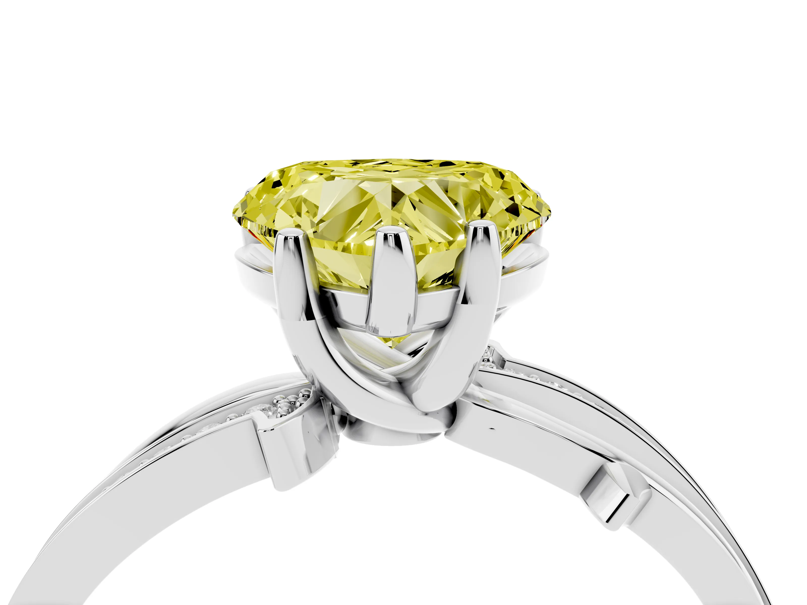 Fancy Yellow Heart Cut Diamond Pavé Twist Band Solitaire Ring Set in White gold with Prong Setting