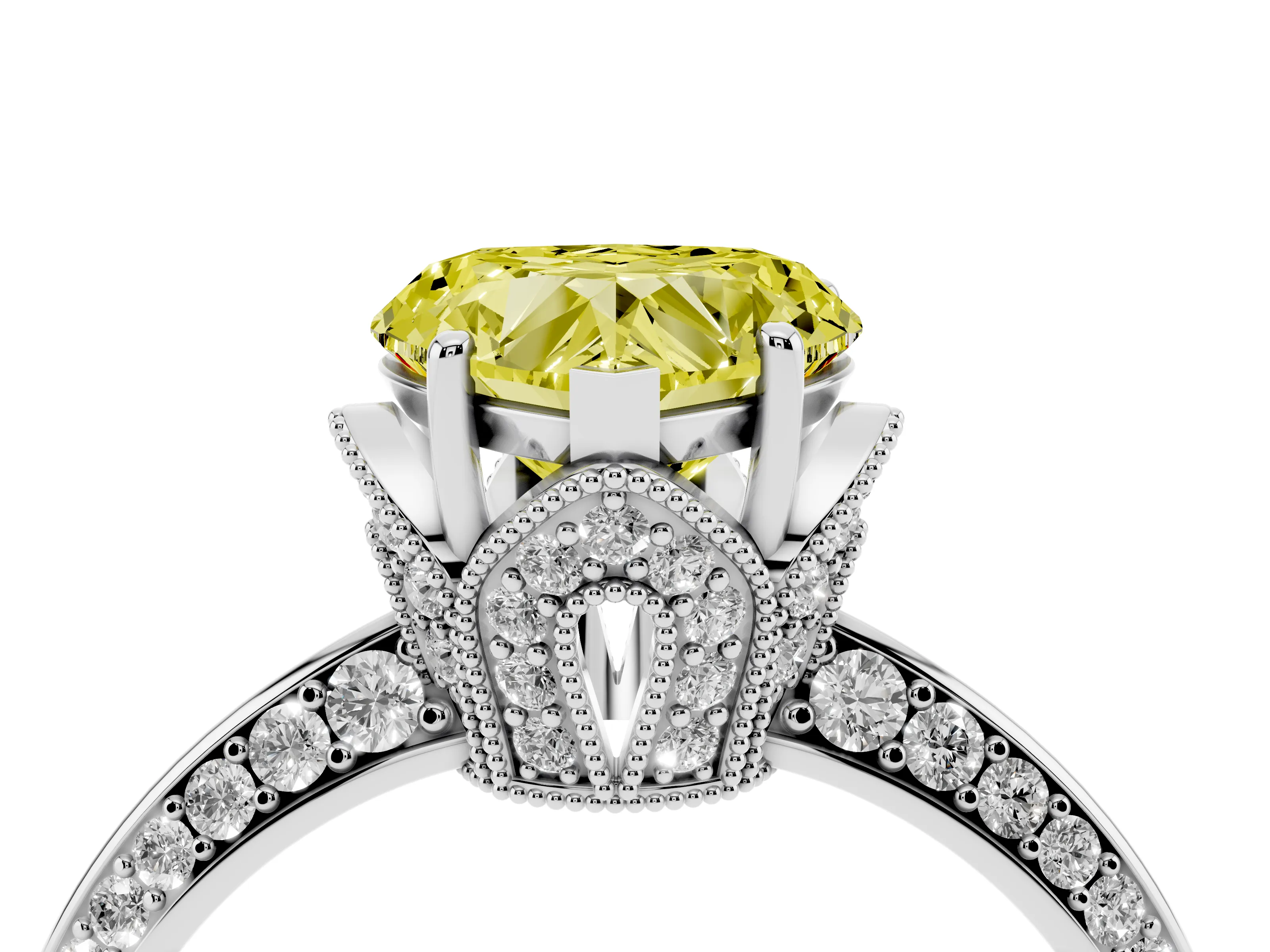 Fancy Yellow Heart Cut Diamond Solitaire Engagement Ring Set in White gold with Pavé Split Shank and Prong Setting