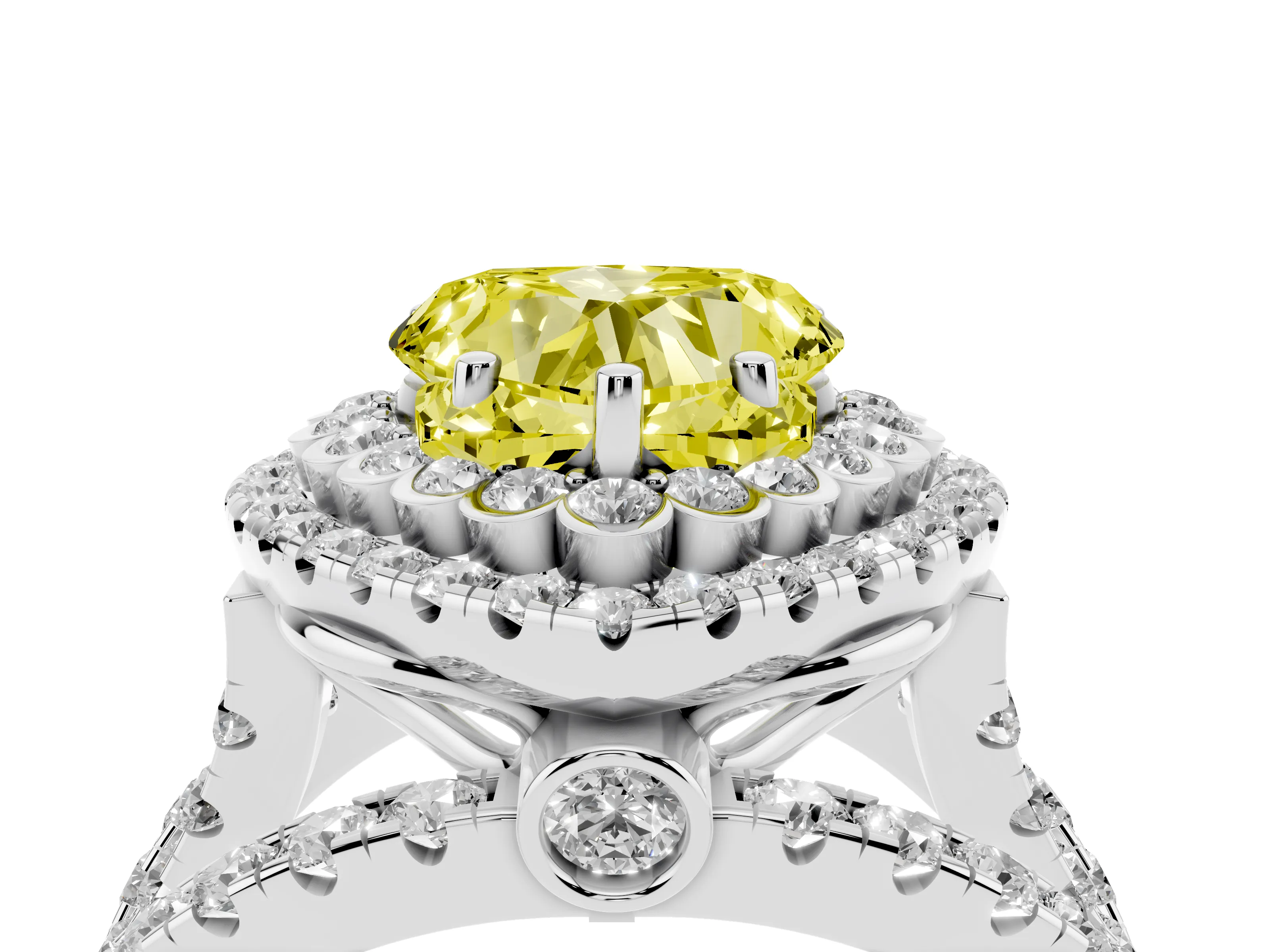 Fancy Yellow Heart Cut Diamond Double Halo Ring Set in White gold with Round Pavé Split Shank