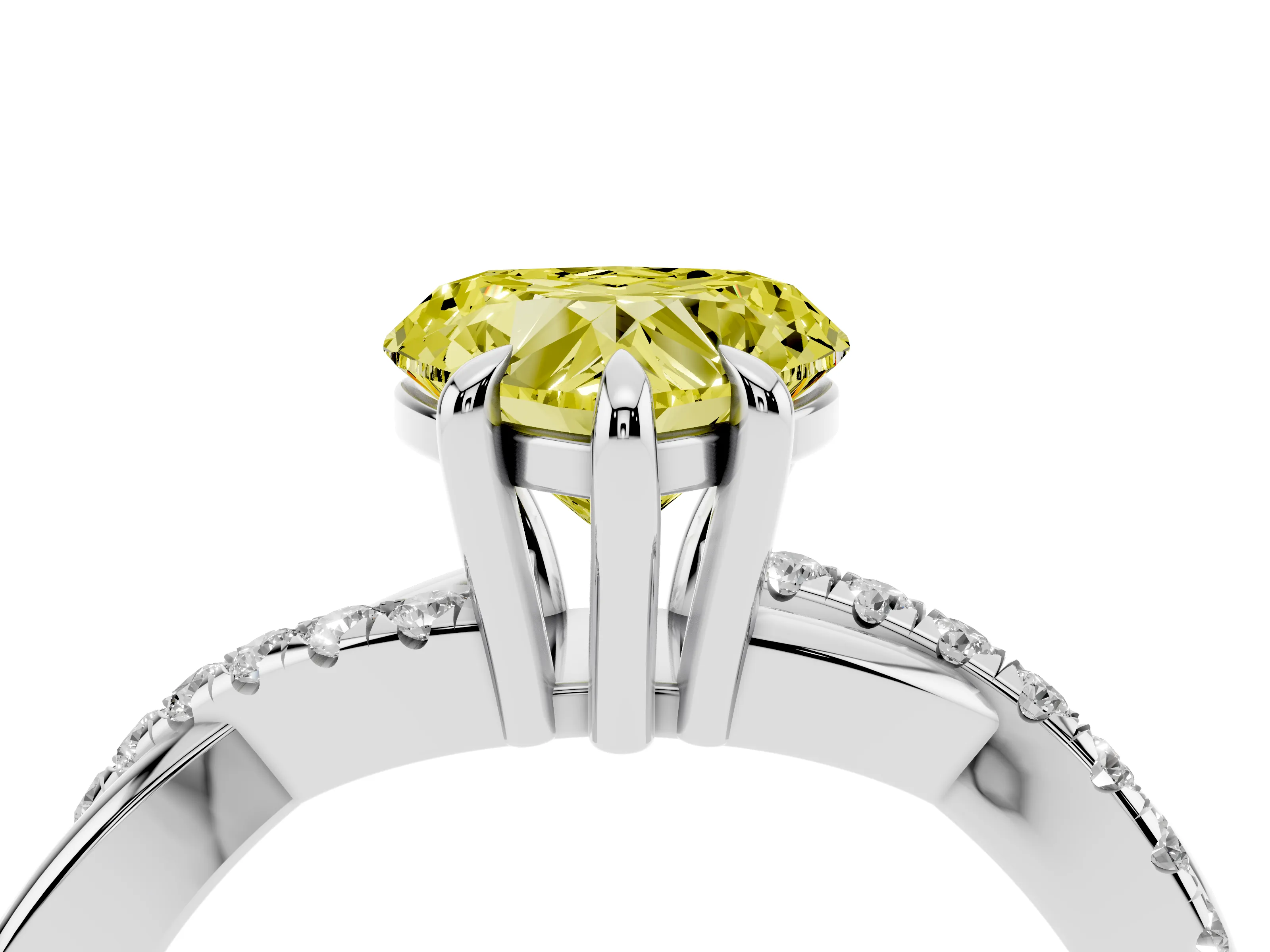 Fancy Yellow Heart Cut Diamond Twist Band Solitaire Set in White gold with Pavé Accents and Prong Setting