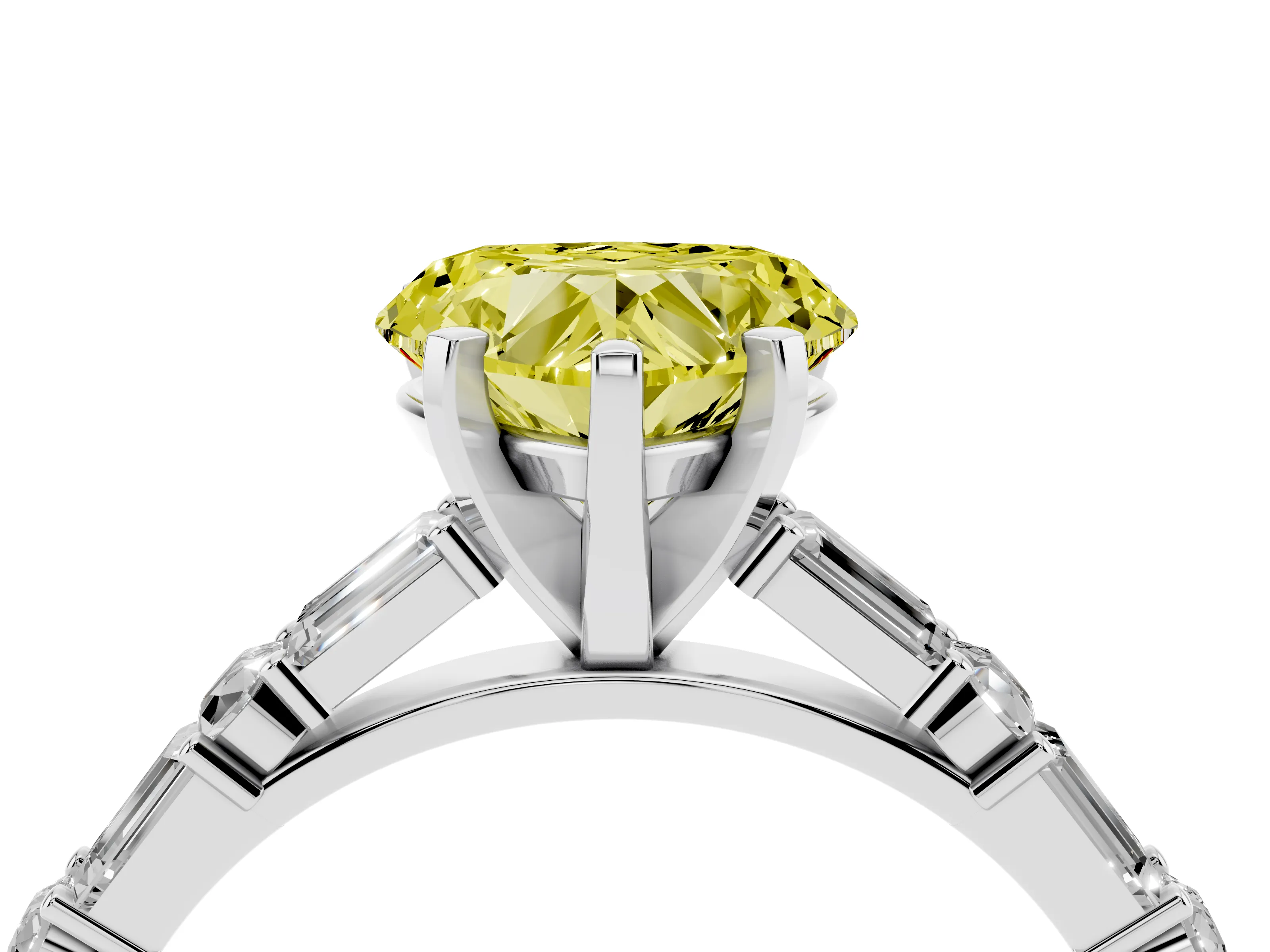 Fancy Yellow Heart Cut Diamond Solitaire Set in Silver with Side Baguettes and Channel Set Band