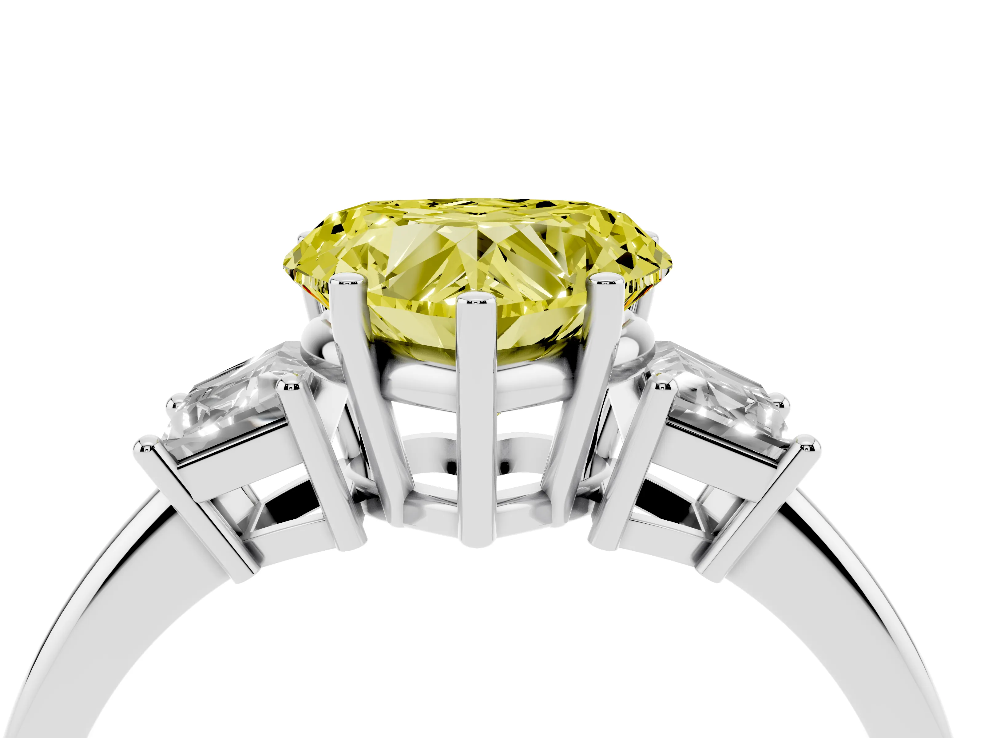Fancy Yellow Heart Cut Diamond Three-Stone Ring Set in Silver with Trapezoid Side Stones and Prong Setting
