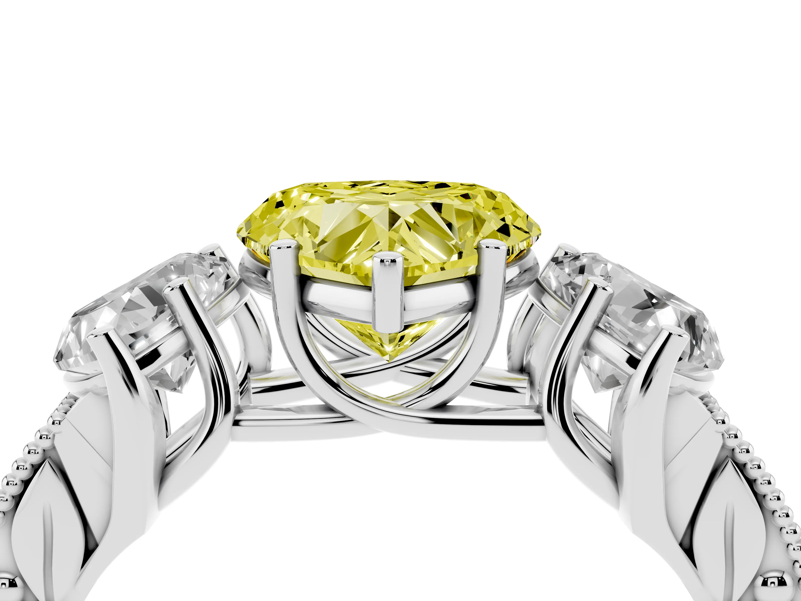 Fancy Yellow Heart Cut Diamond Three-Stone Engagement Ring Set in Silver with Milgrain Pavé Band
