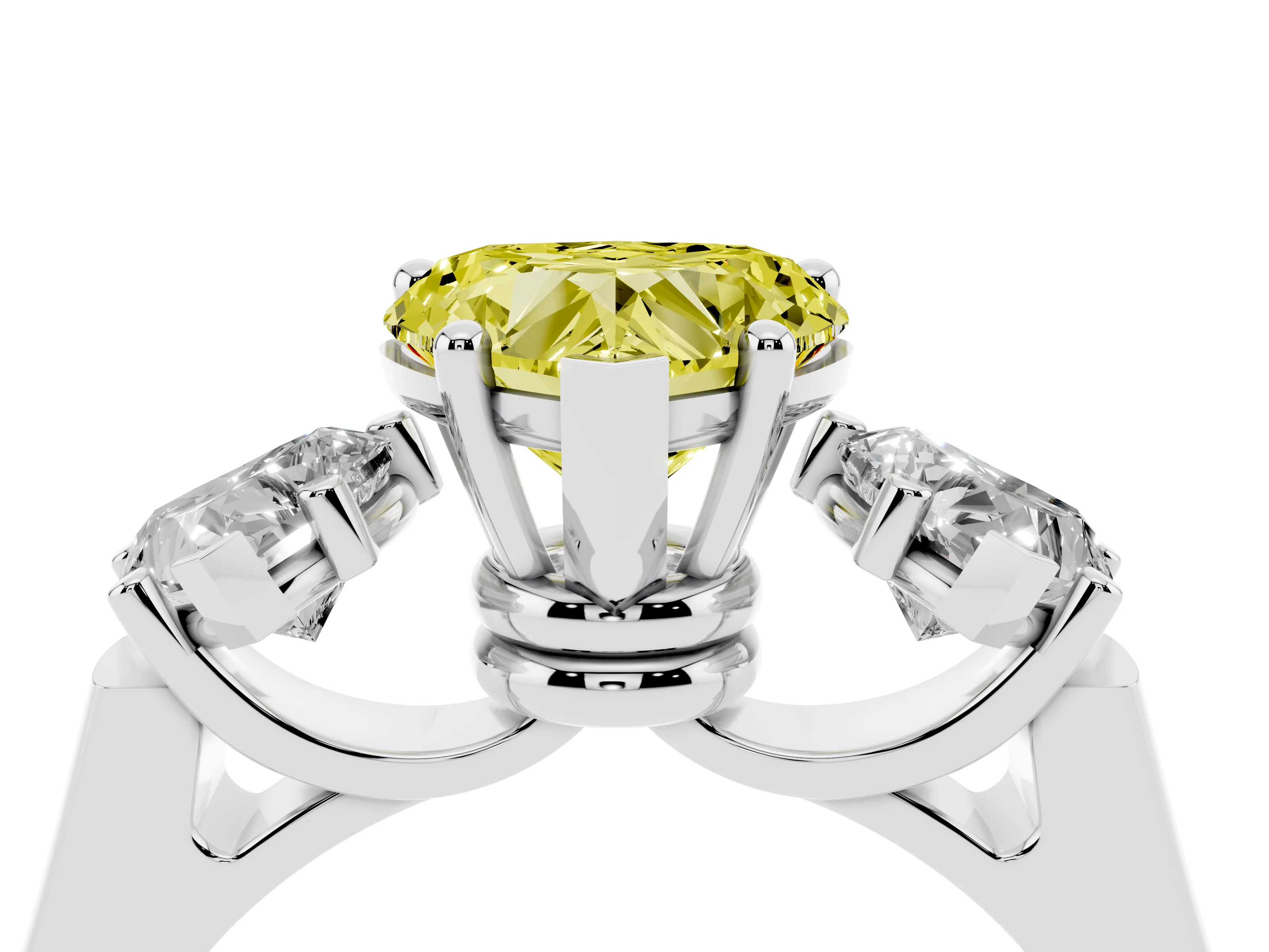 Fancy Yellow Heart Cut Diamond Three-Stone Trellis Ring Set in Platinum with Comfort Fit Band