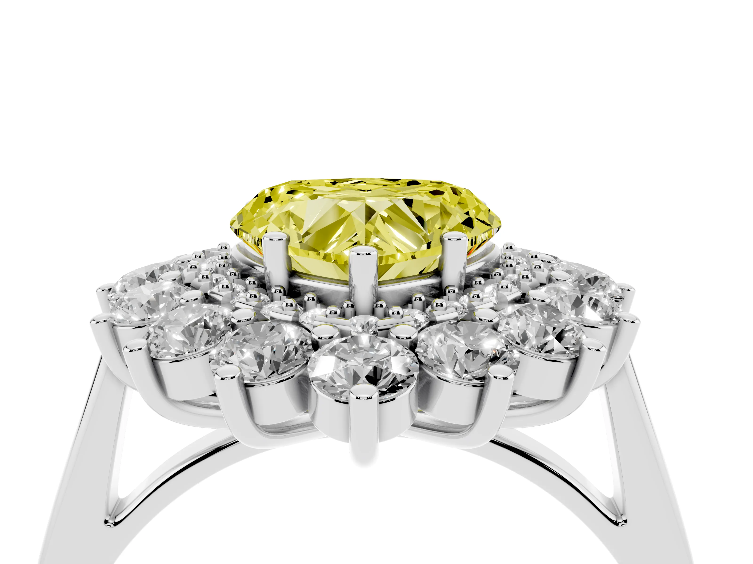 Fancy Yellow Heart Cut Diamond Floral Double Halo Ring Set in Silver with Round Petals