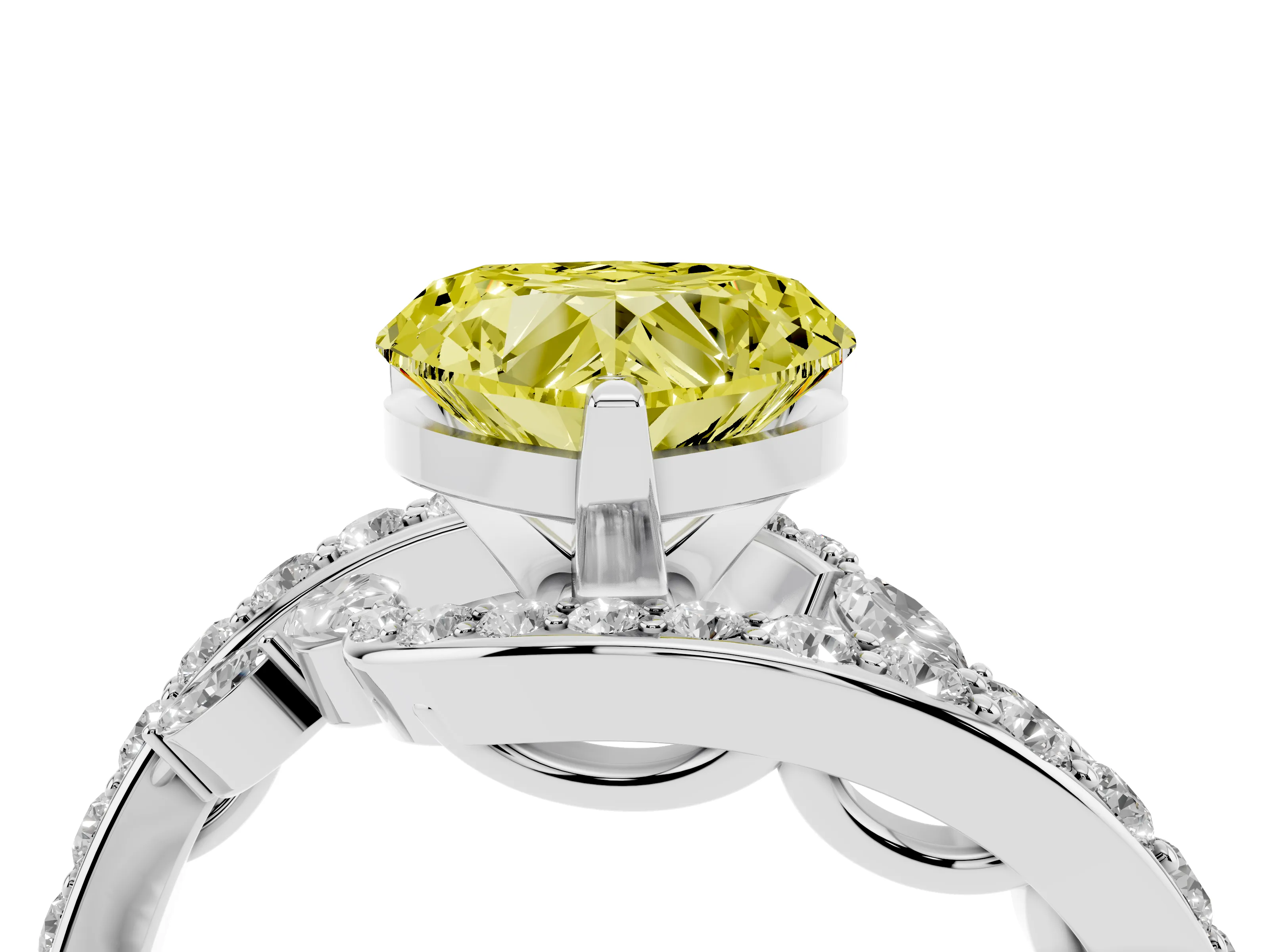 Fancy Yellow Heart Cut Diamond Solitaire Ring Set in Platinum with Pavé Twist Band and Secure Prong Setting