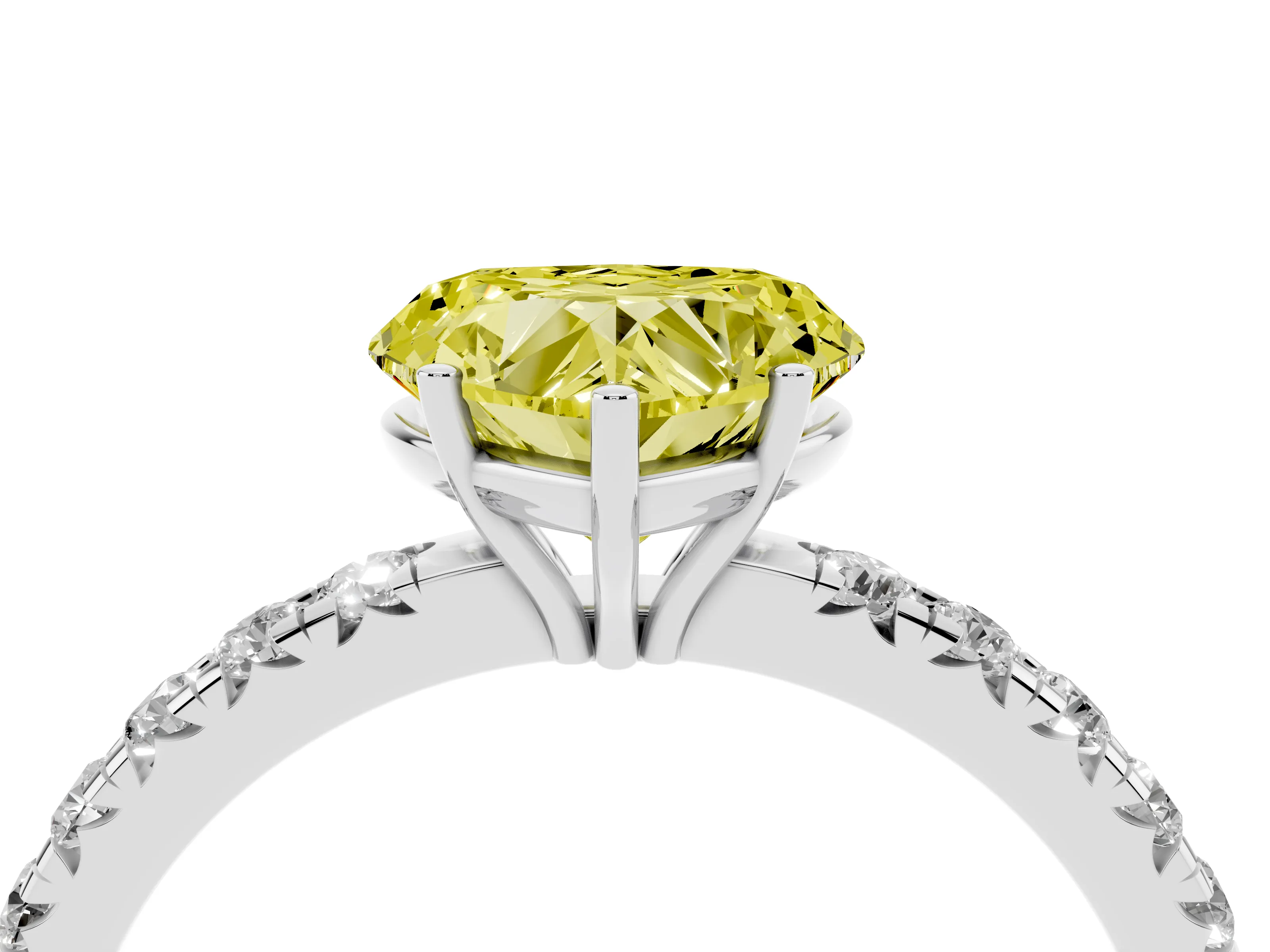 Fancy Yellow Heart Cut Diamond Pavé Solitaire Engagement Ring Set in White gold with Prong Setting