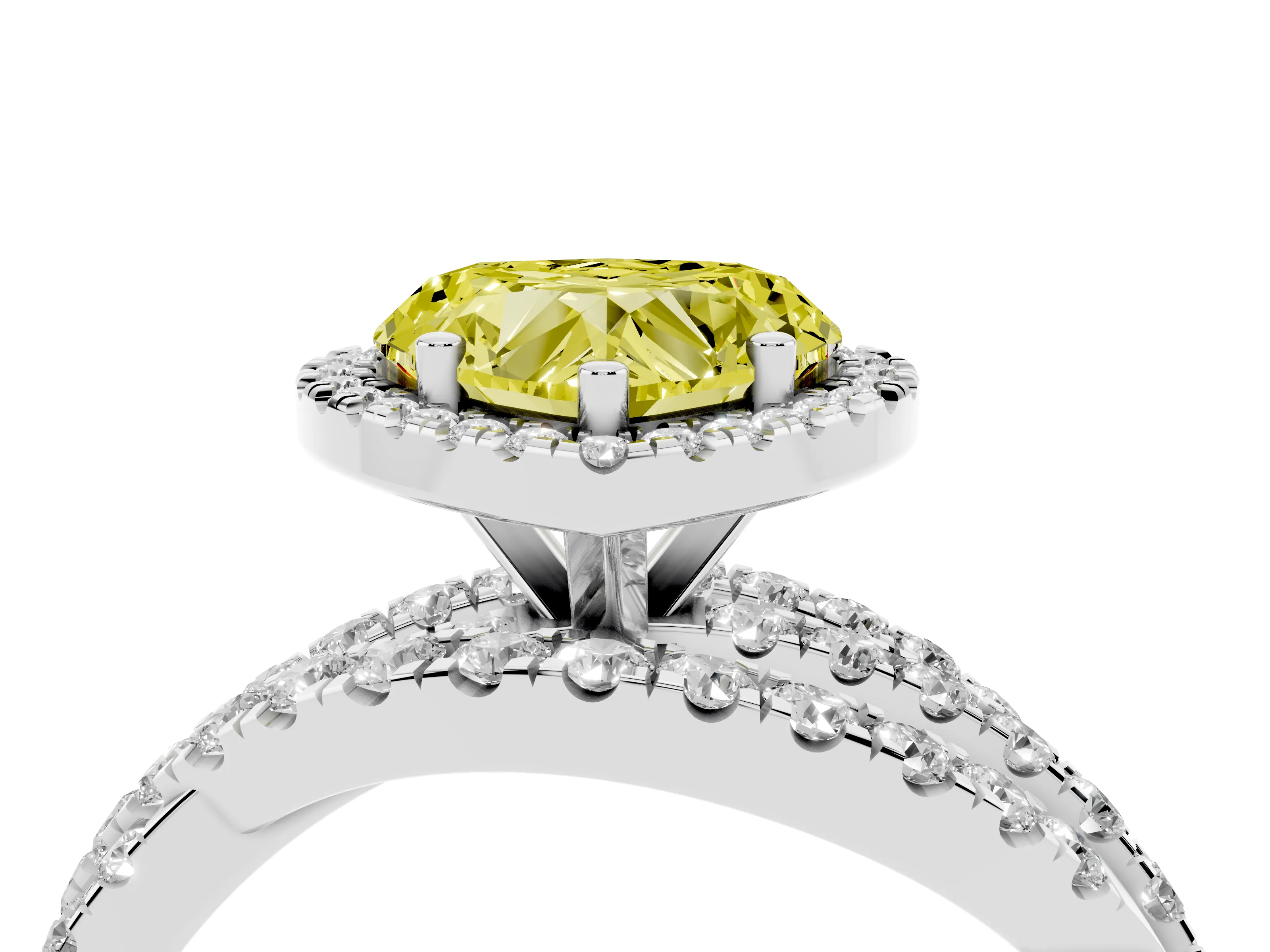 Fancy Yellow Heart Cut Diamond Halo Ring Set in White gold with Round Crossover Split Shank and Prong Setting