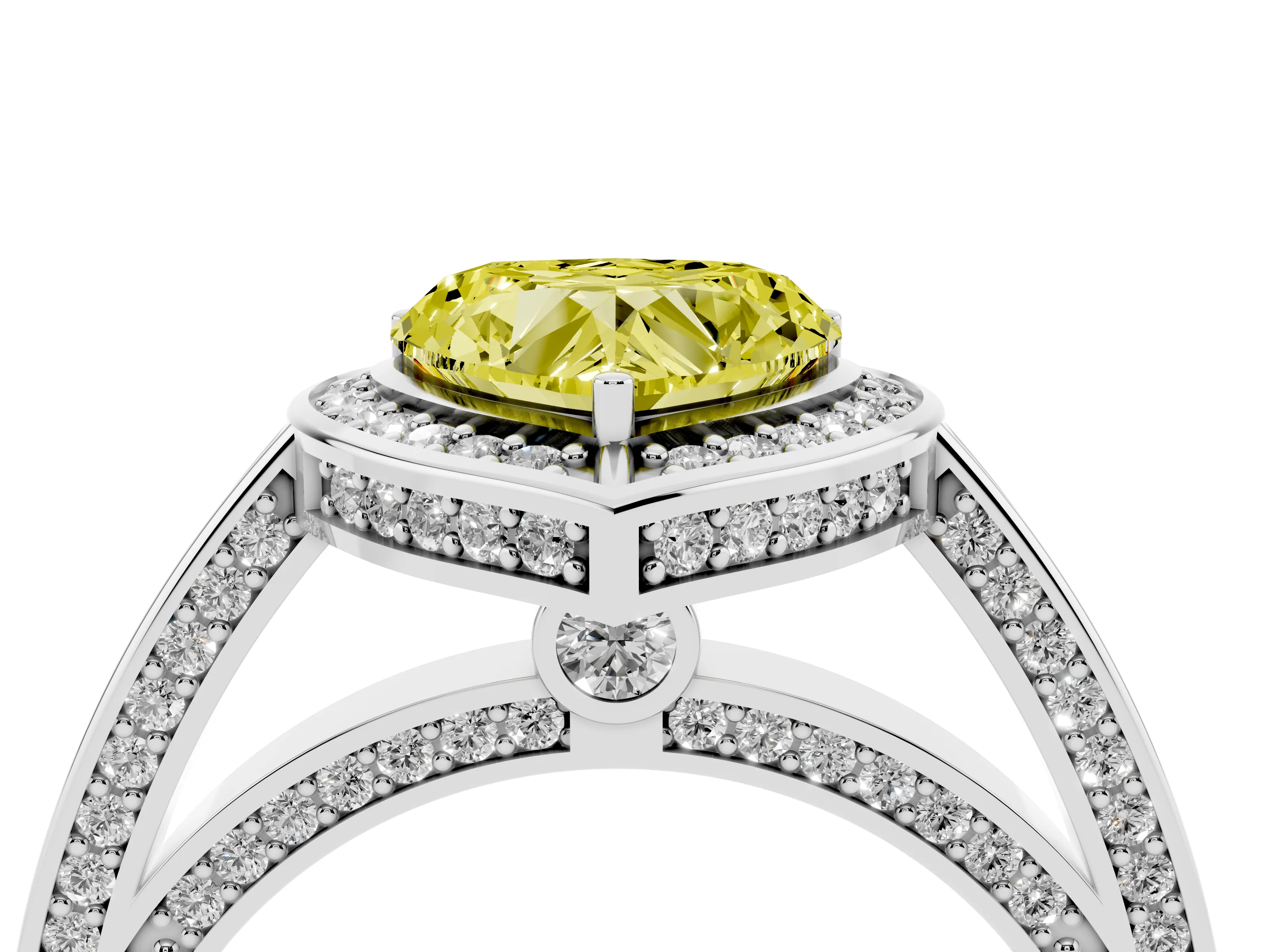 Fancy Yellow Heart Cut Diamond Halo Pavé Split Shank Ring Set in Platinum with Prong Setting