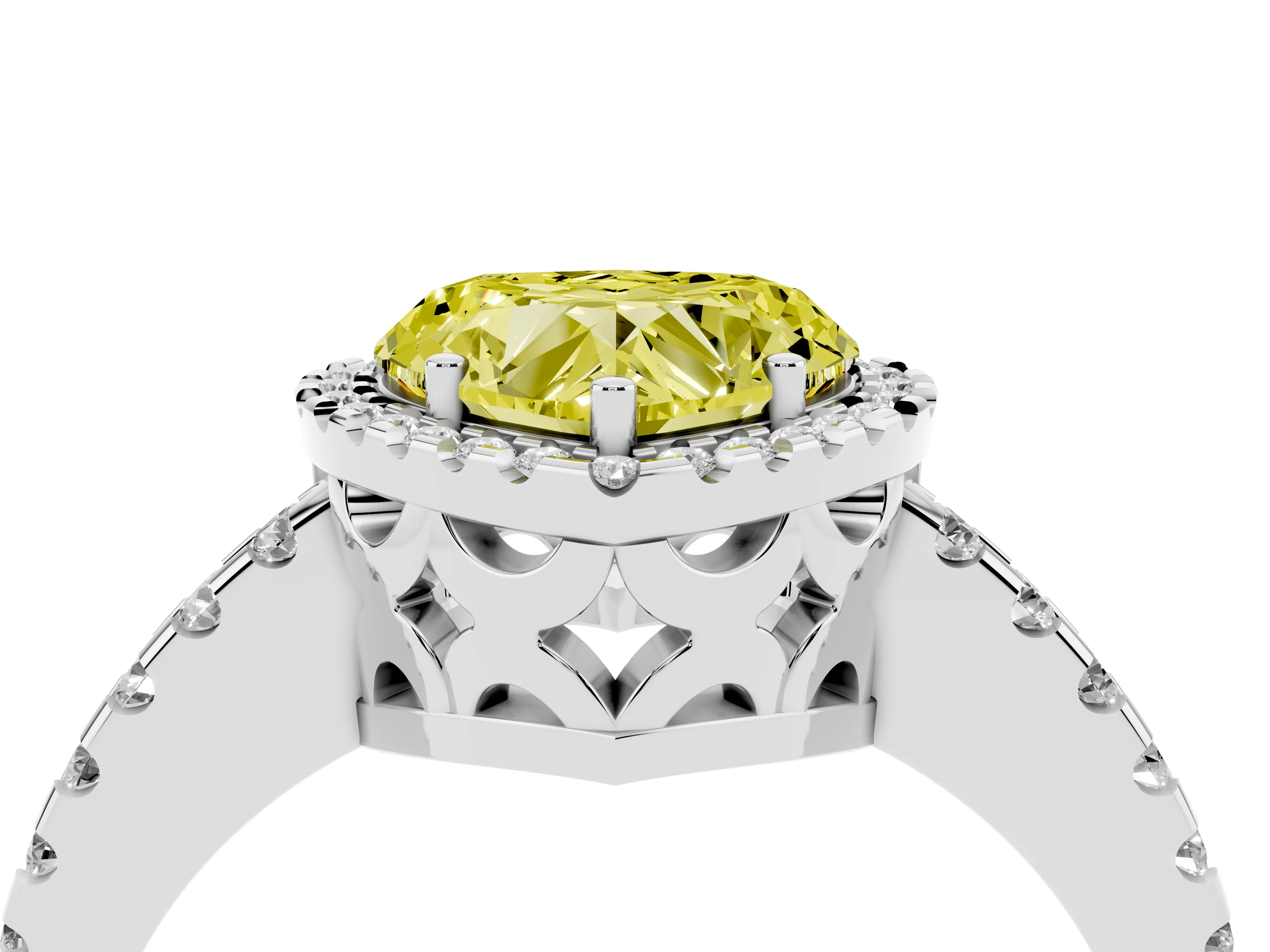 Fancy Yellow Heart Cut Diamond Halo Ring Set in Platinum with Pavé Shoulders and Halo-Framed Center
