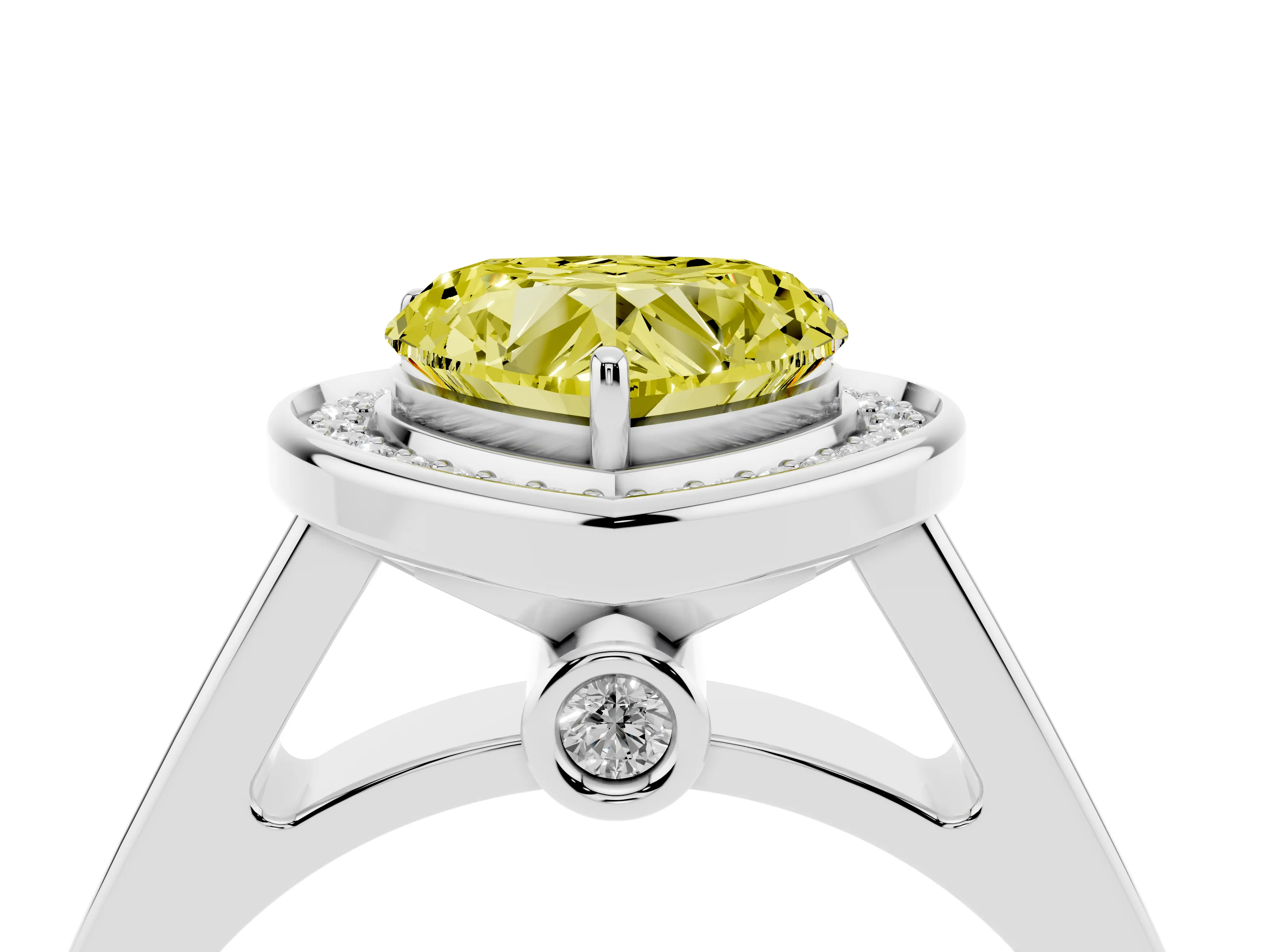 Fancy Yellow Heart Cut Diamond Halo Solitaire Ring Set in White gold with Pavé Band and Bezel Setting
