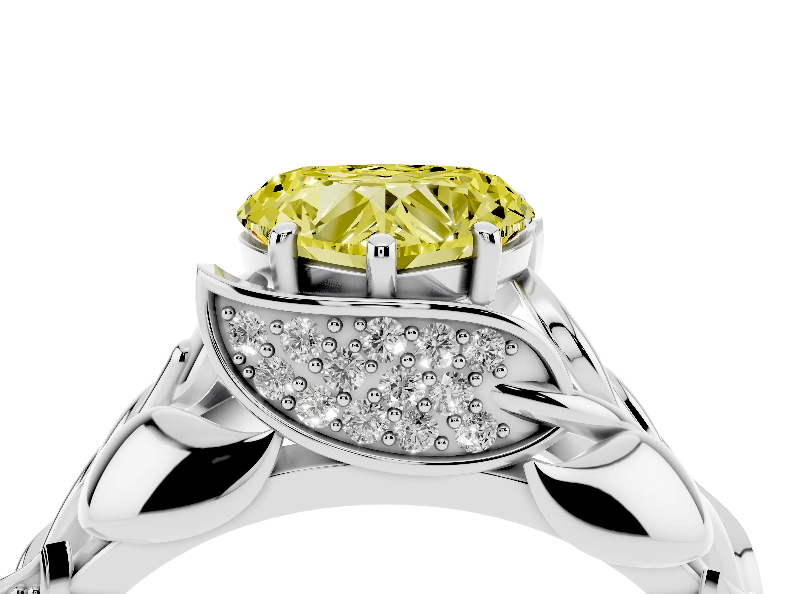 Fancy Yellow Heart Cut Diamond Leaf-Inspired Engagement Ring Set in Platinum with Round Accents