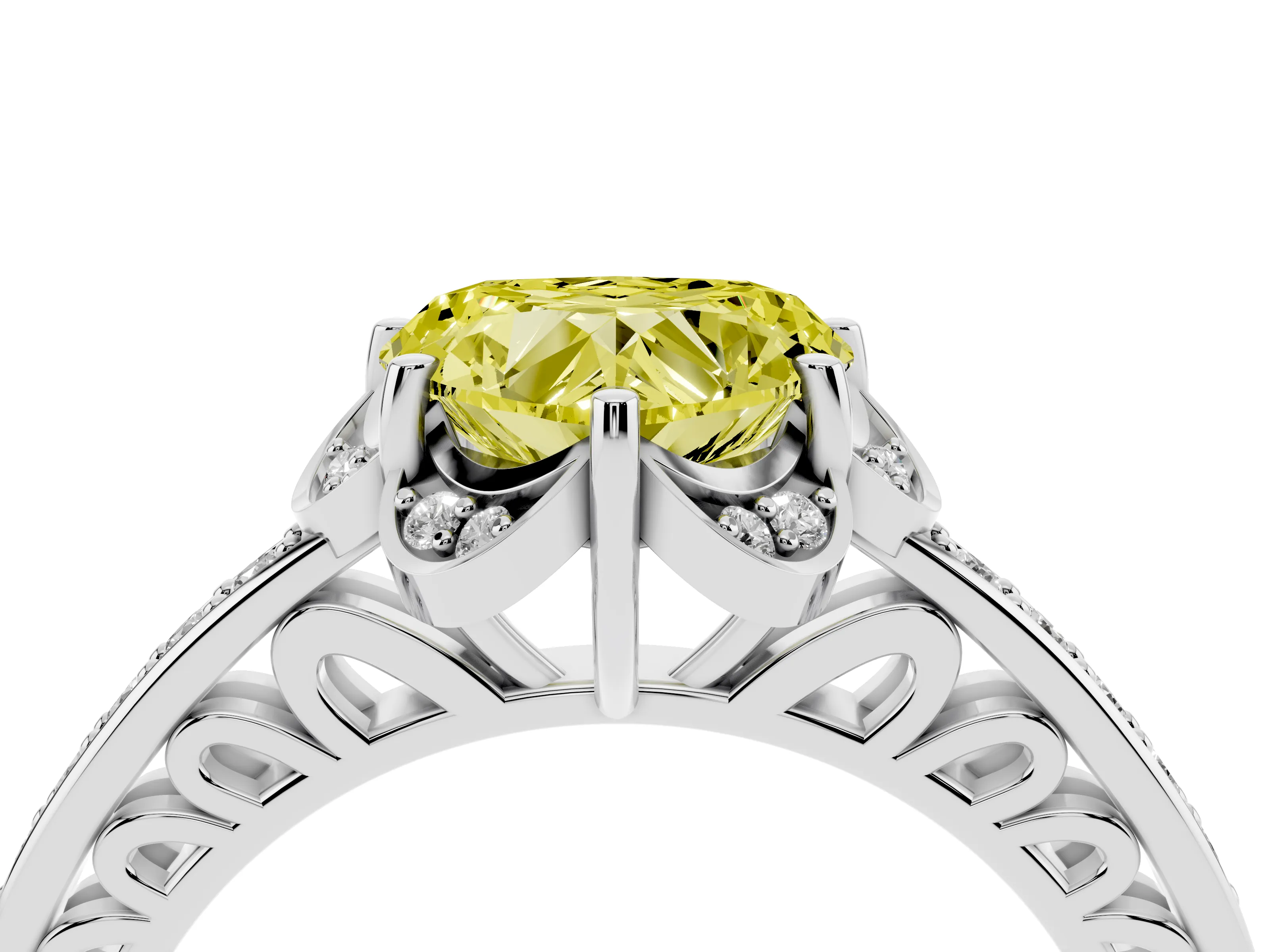 Fancy Yellow Heart Cut Diamond Halo Ring Set in Platinum with Channel Set Band and Prong Setting