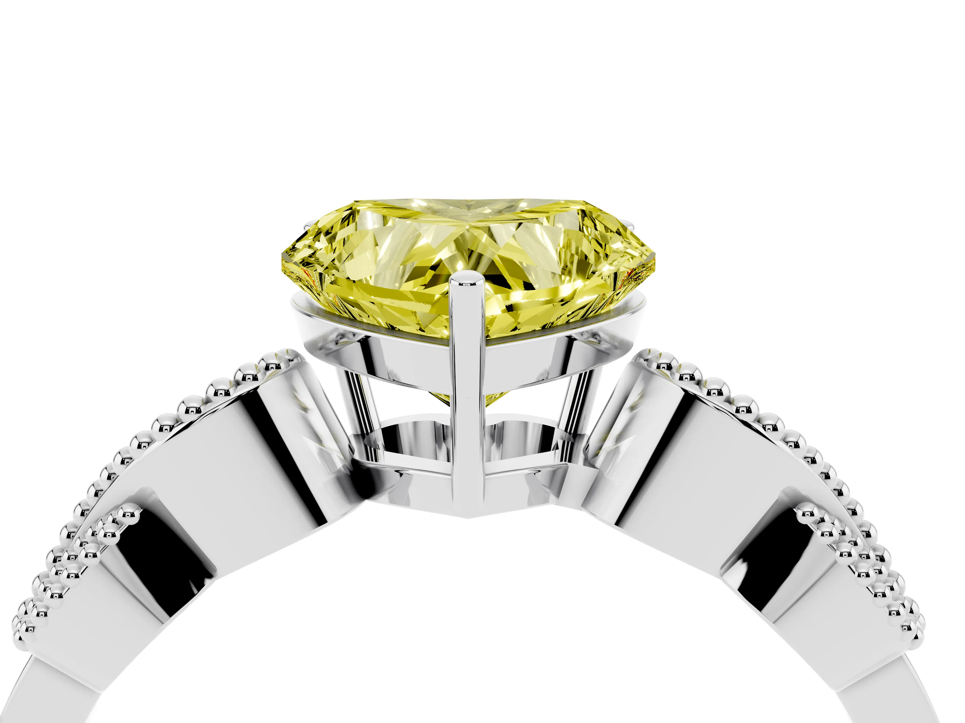 Fancy Yellow Heart Cut Diamond Milgrain Leaf Band Solitaire Ring Set in White gold with Accent Stones and Prong Setting