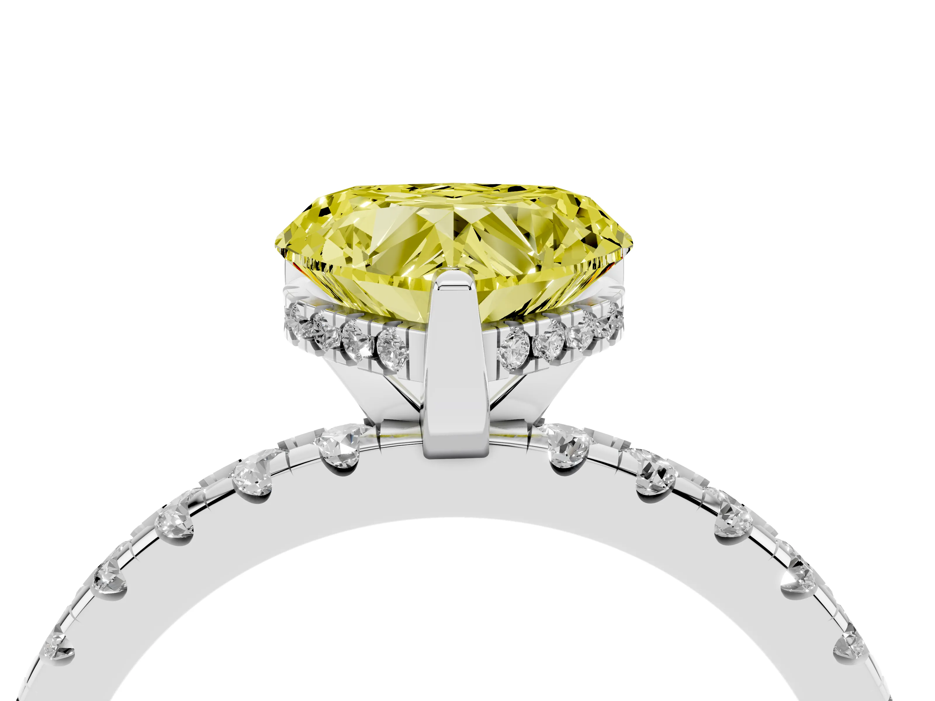 Fancy Yellow Heart Cut Diamond Pavé Solitaire Ring Set in White gold with Round Band Accents and Prong Setting